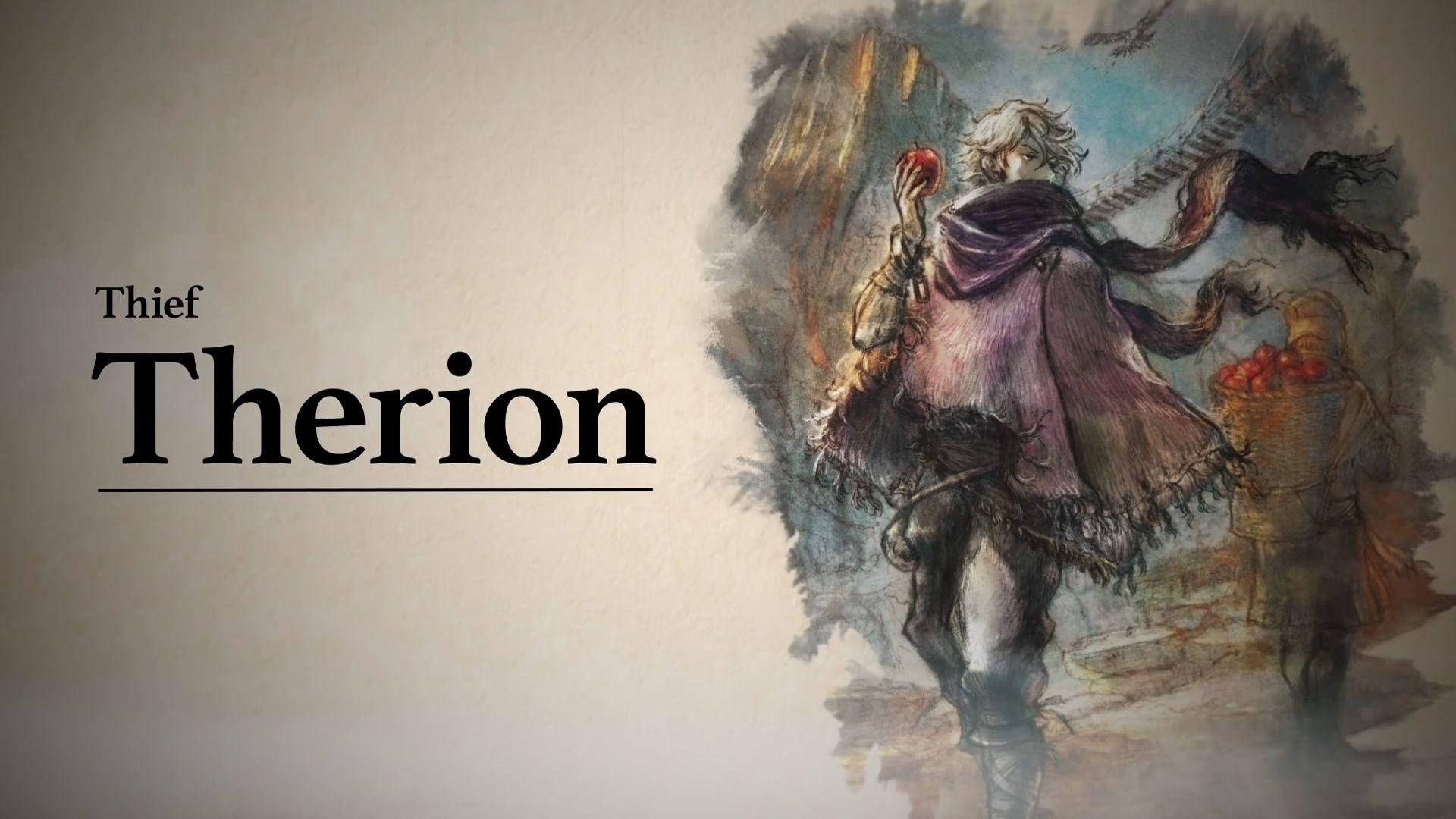 《八方旅人》盜賊瑟里昂 壁紙 — 一幅水彩插圖，描繪一個名叫 Therion 的小偷拿著一個紅蘋果，旁邊有一籃蘋果。