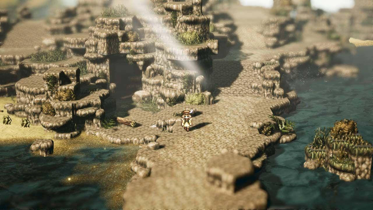 《八方旅人》遊戲3D藝術 壁紙 — 一位孤獨的冒險家探索一個陽光普照、岩石遍佈的群島，四周環繞著平靜的海水，懸崖上霧氣升騰。