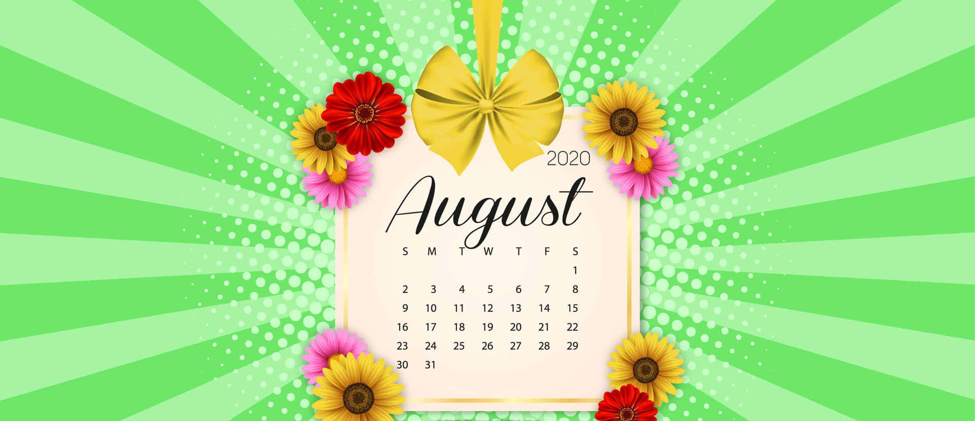 2020年8月月曆，以色彩繽紛的花朵和金色蝴蝶結裝飾在綠色背景上。