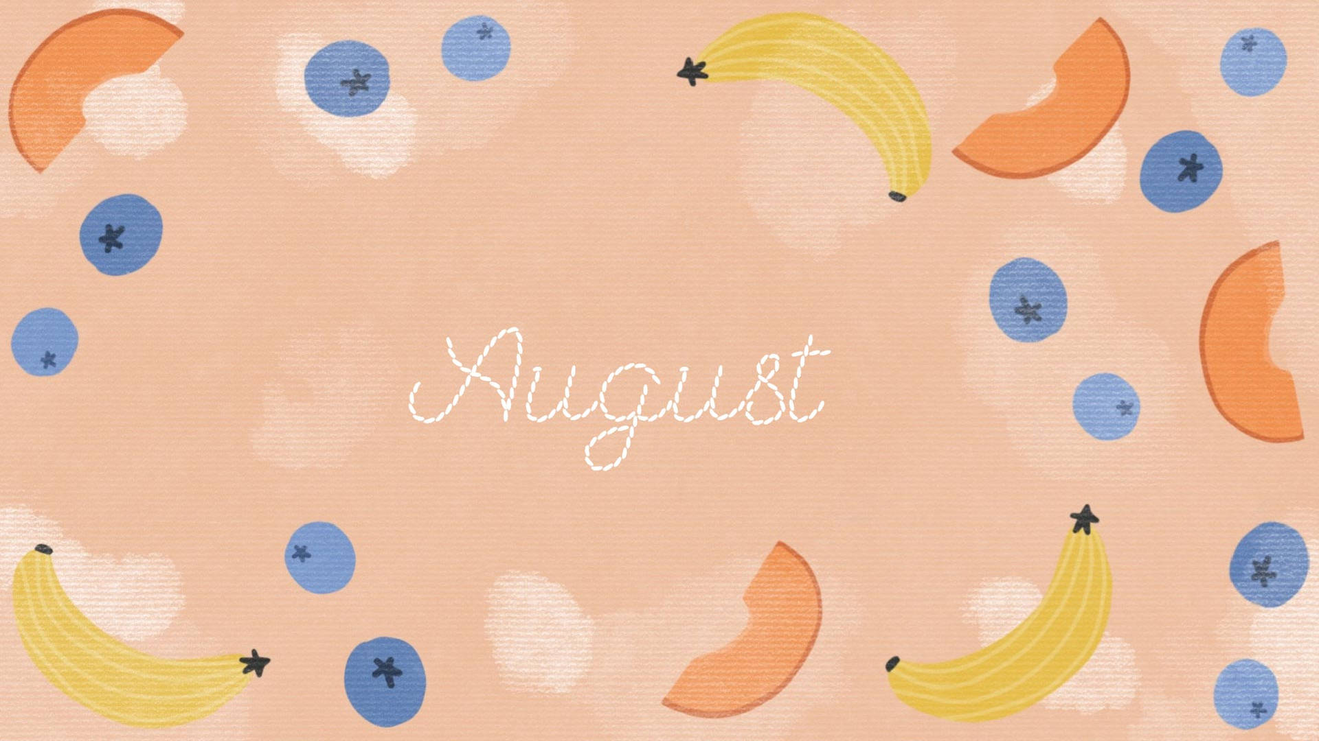 August被插圖香蕉和蜜桃片框在粉彩背景上。