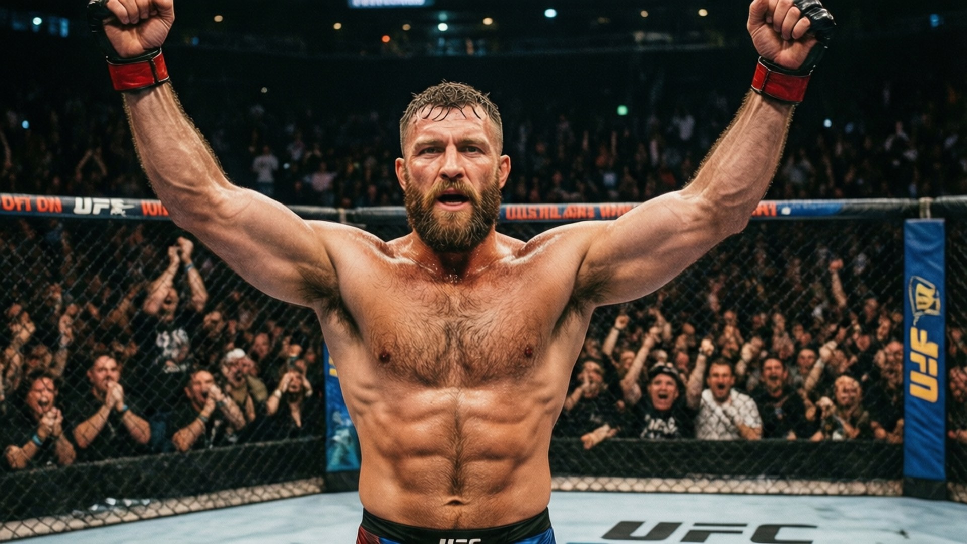 八角籠中的勝利 壁紙 — 一位勝利的UFC拳手在八角籠內高舉拳頭慶祝勝利，身後是咆哮的人群。