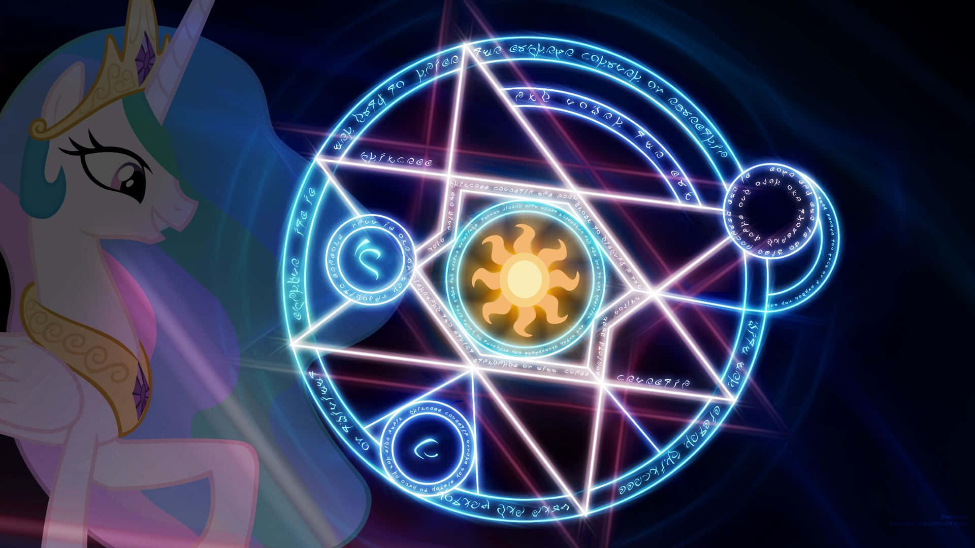 公主塞雷斯特魔法陣 壁紙 — 一隻高貴的獨角獸凝視著一個發光的魔法五角星，上面有太陽符號和神秘符文，背景是黑暗的宇宙。