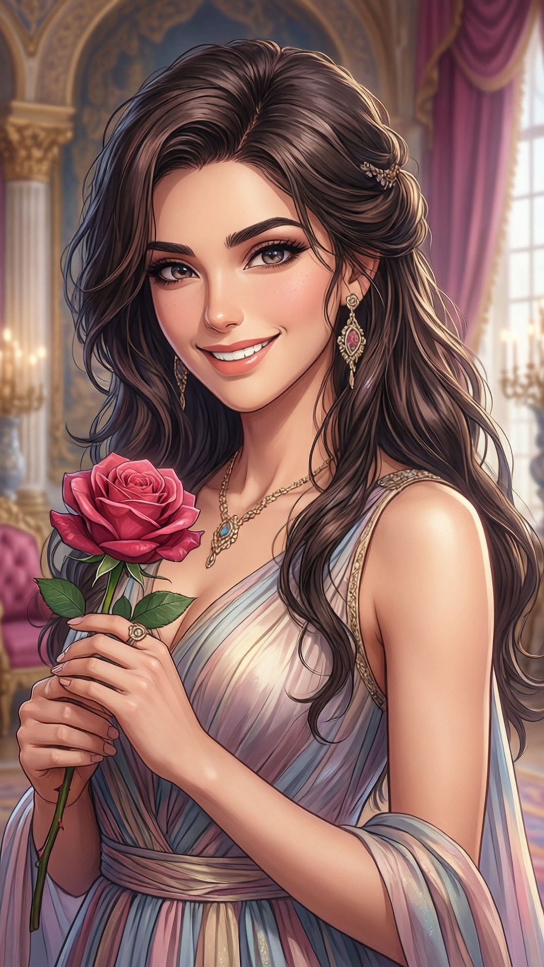 公主安多西 壁紙 — 一位光彩照人的女士身著飄逸長裙，在豪華的金色宮殿中手持一朵紅玫瑰，宮殿內有垂簾。