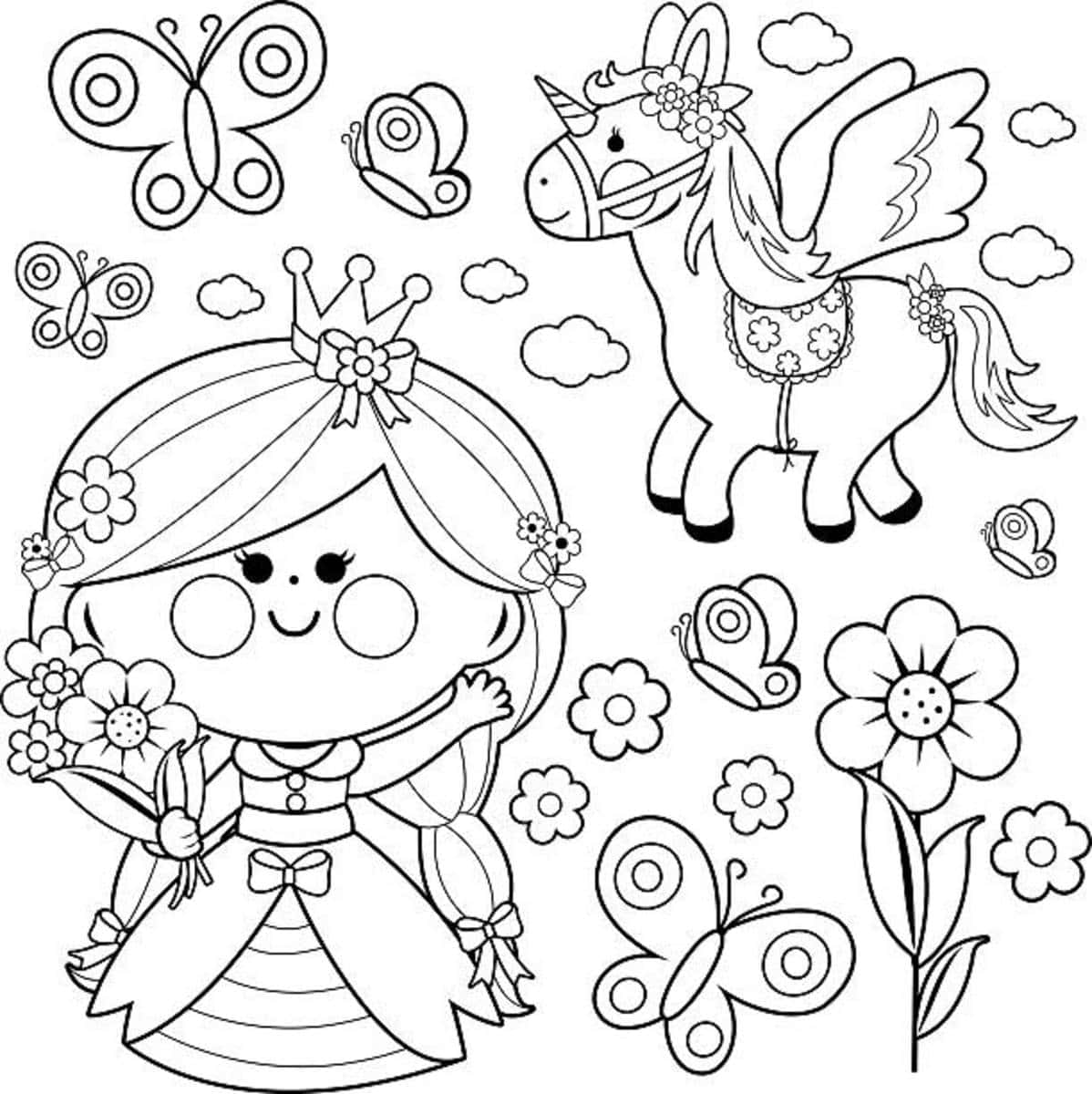 一位微笑的公主手持花朵，站在有翼獨角獸旁邊，伴隨著蝴蝶和雲朵。