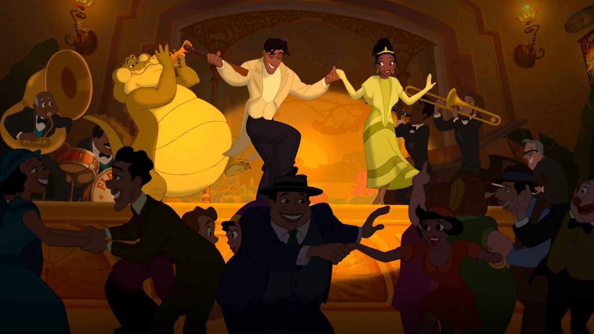 動畫角色在熱鬧的爵士俱樂部派對中隨著樂隊演奏跳舞。