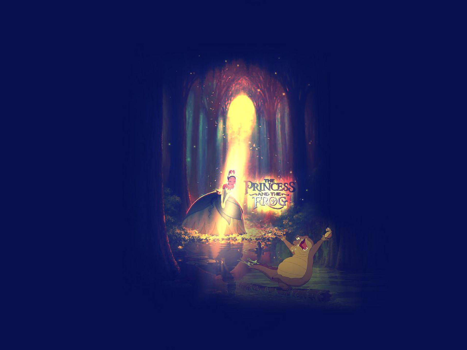 夜晚魔法森林中，公主和青蛙在發光傳送門附近。