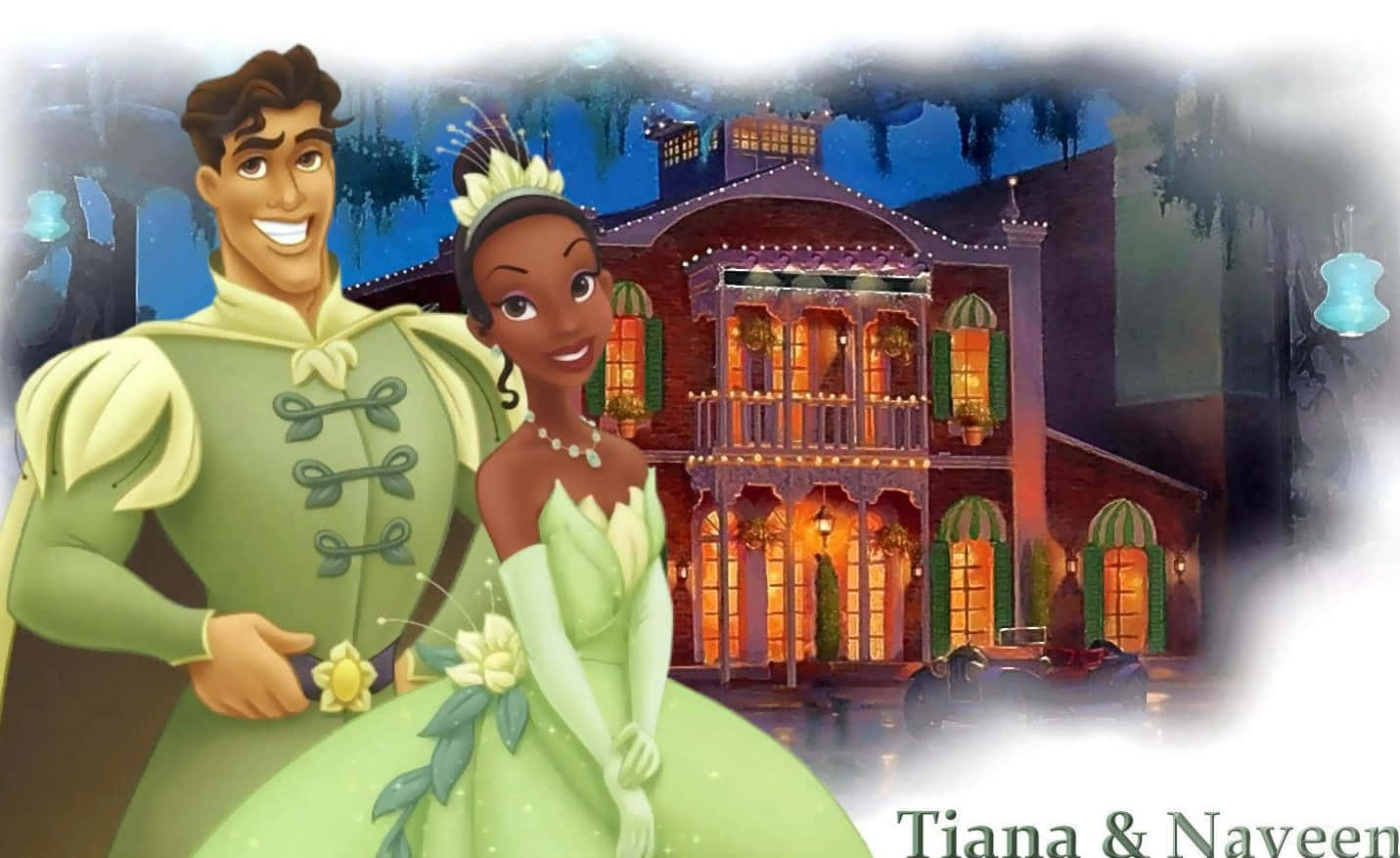 迪士尼公主 Tiana 和王子 Naveen 在夜晚站在他們的沼澤大宅前。