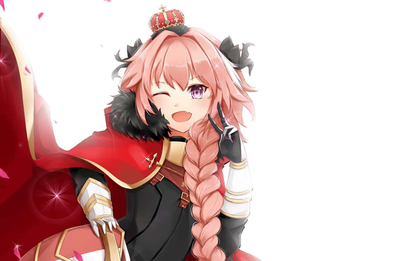 粉紅髮戴皇冠動漫女孩穿紅斗篷眨眼