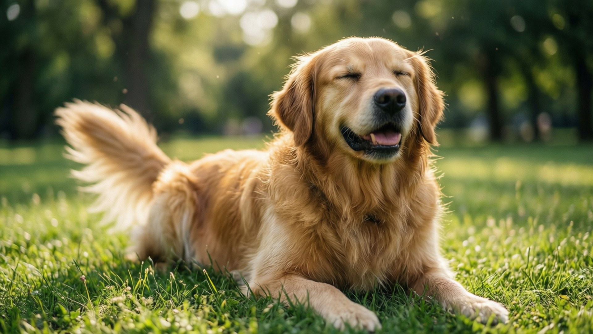 金毛尋回犬在陽光明媚的公園的綠色草地上快樂地休息。