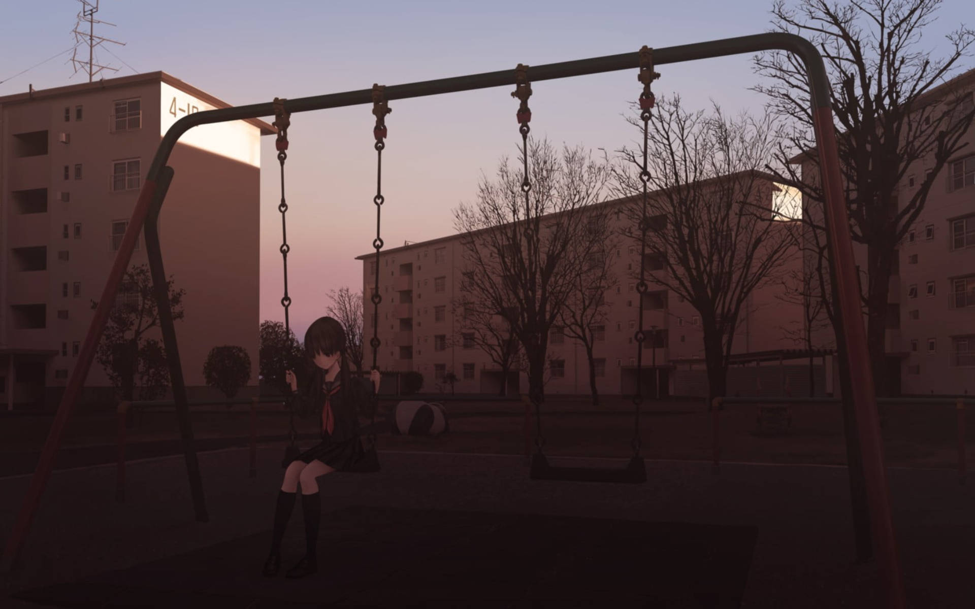 公園中獨坐的動漫女孩 壁紙 — 一個孤獨的動漫女孩穿著校服，在黃昏時分坐在鞦韆上，背景是光禿禿的樹木和公寓大樓。