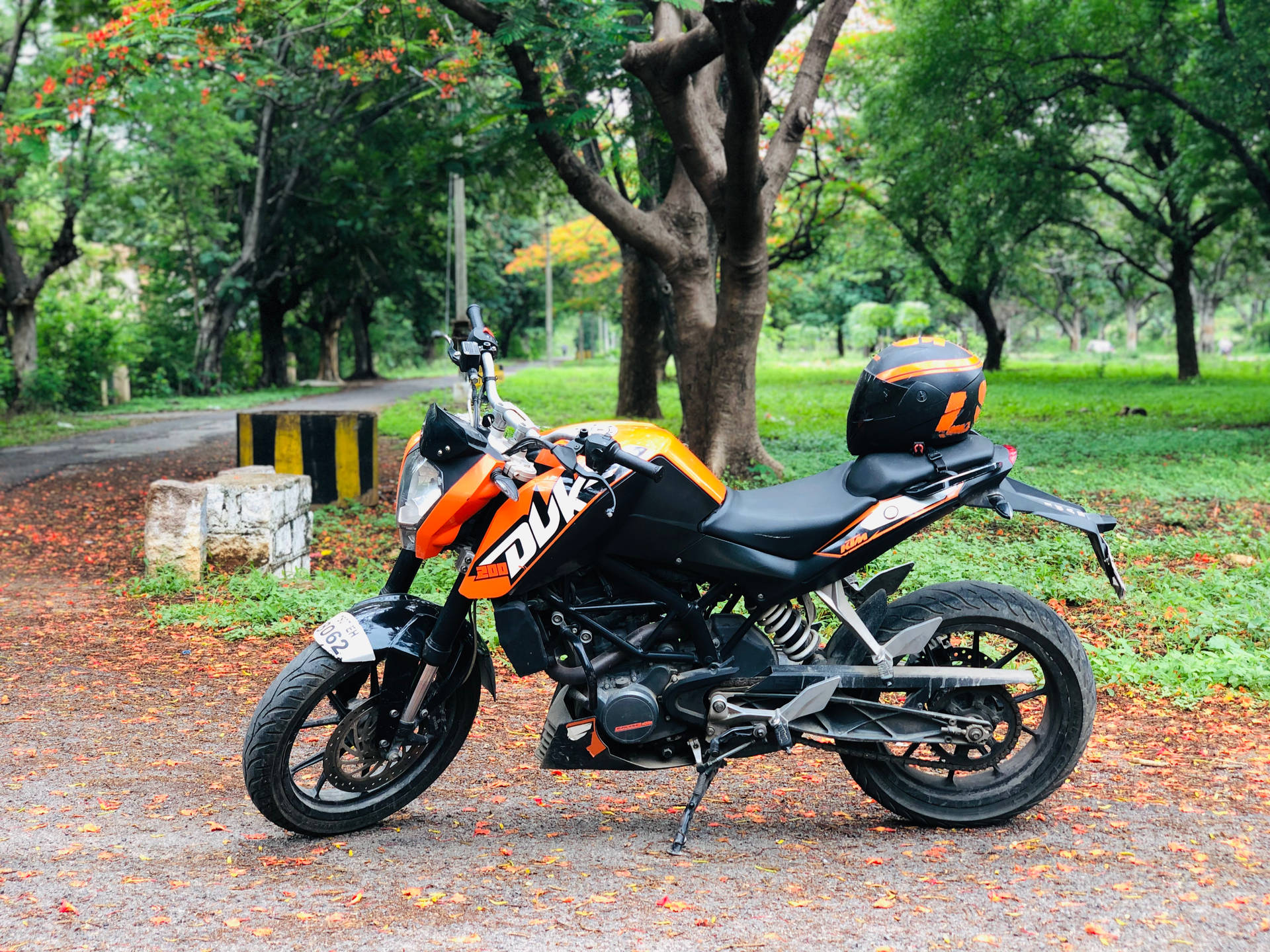 黑色和橙色的KTM Duke電單車停泊在樹林小徑上，座位上放著頭盔。