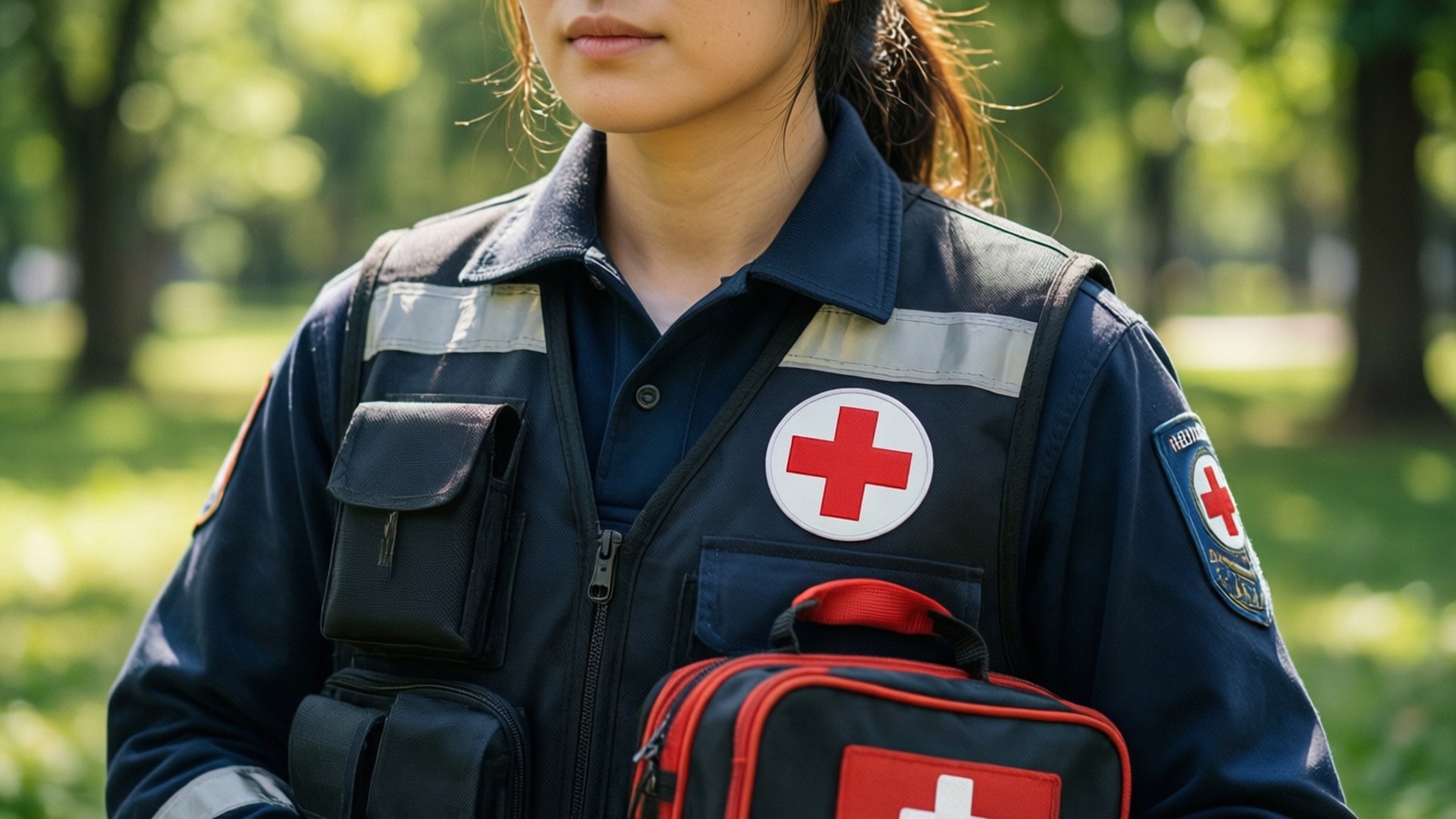 公園志願服務 壁紙 — 一位身穿深藍色制服、帶有紅十字標誌的女護理人員站在陽光明媚的公園裡，手持醫療包。