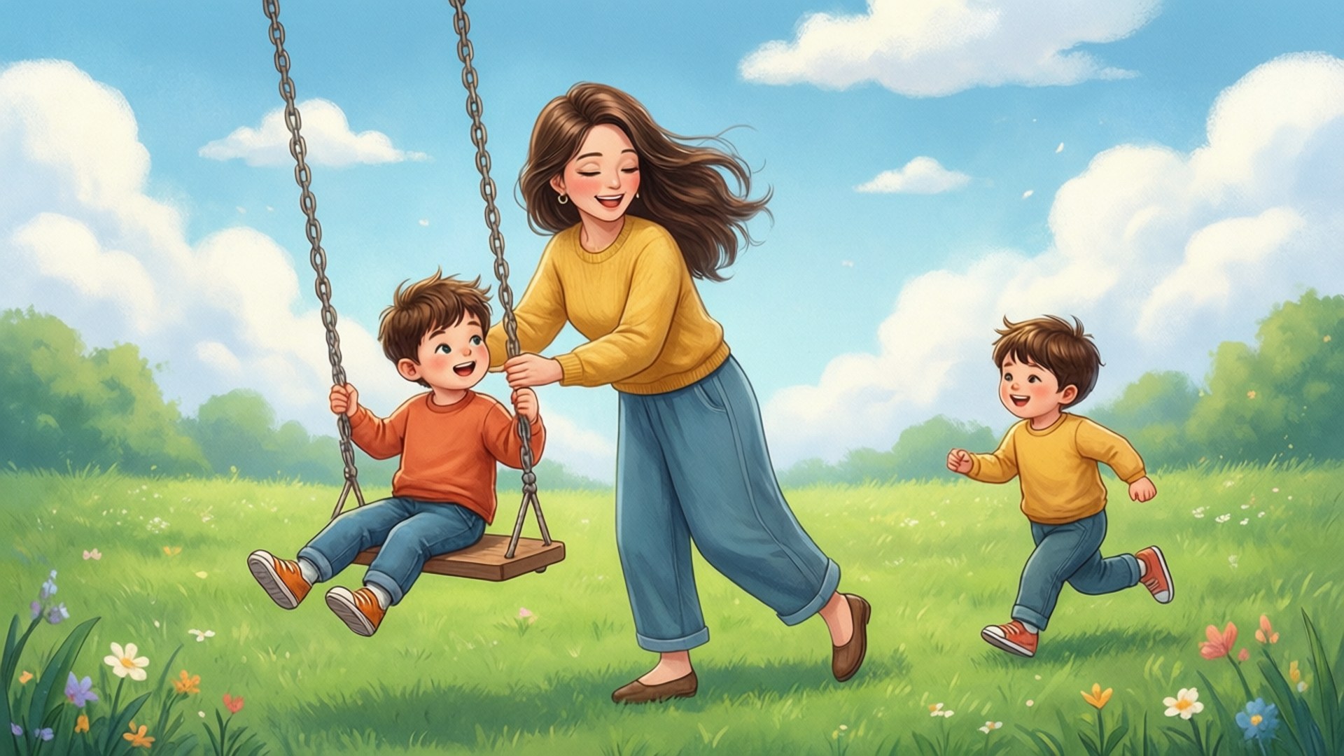 公園歡樂時光 壁紙 — 一位快樂的母親推著一個孩子在鞦韆上，另一個孩子在陽光明媚、長滿野花的草地上奔跑。
