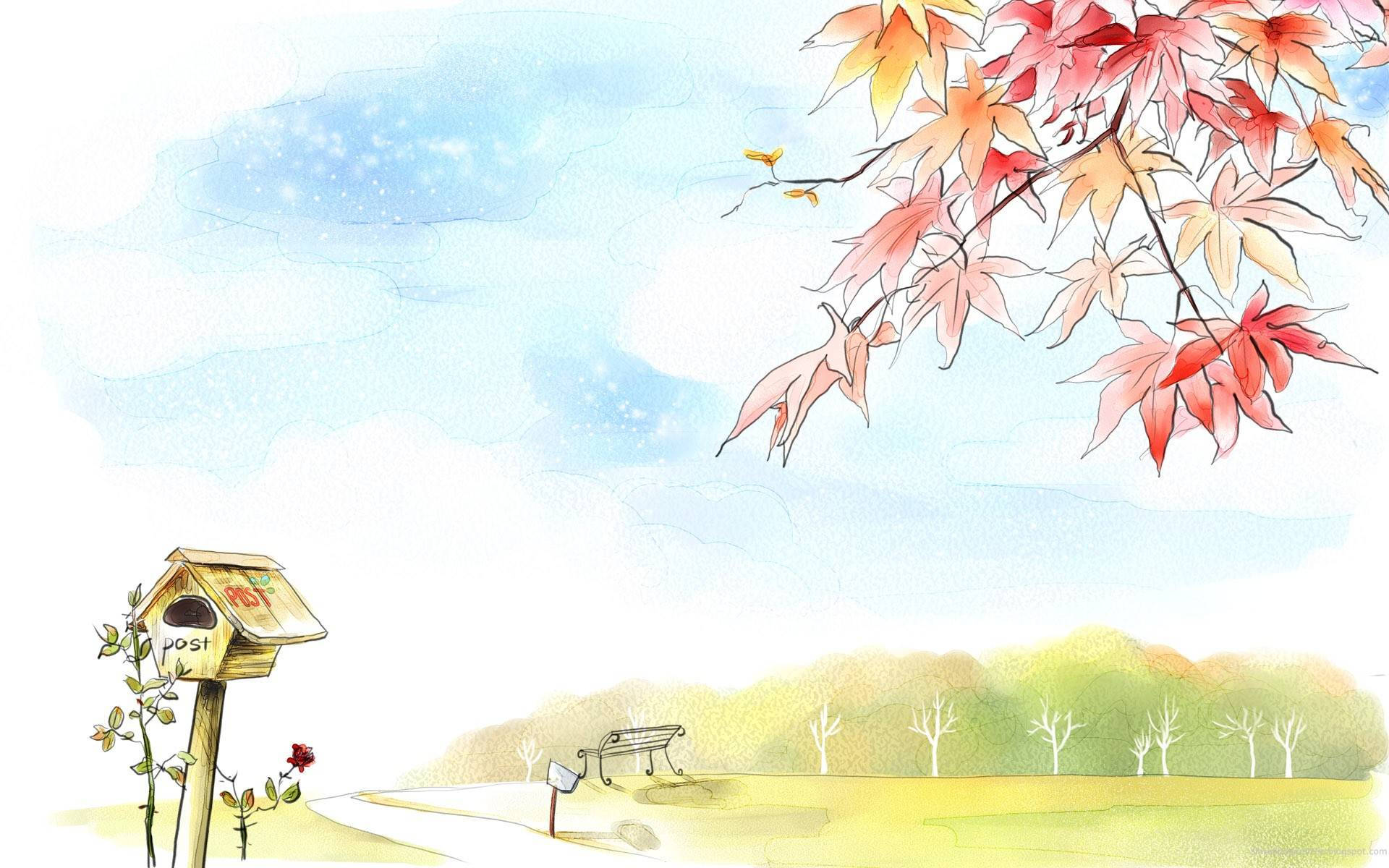 藍天下有紅色楓葉、長椅和郵筒的秋日公園。