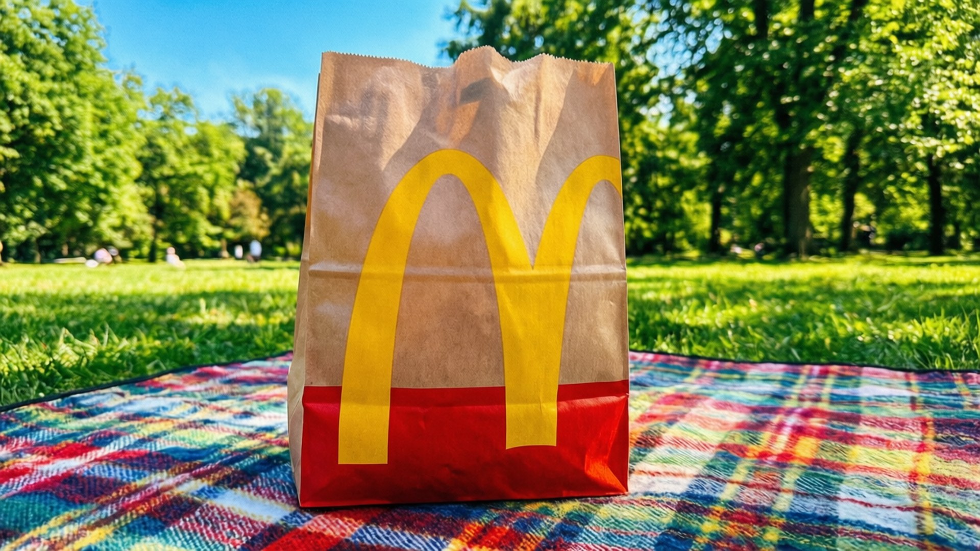 陽光公園中格仔毯上的麥當勞紙袋。