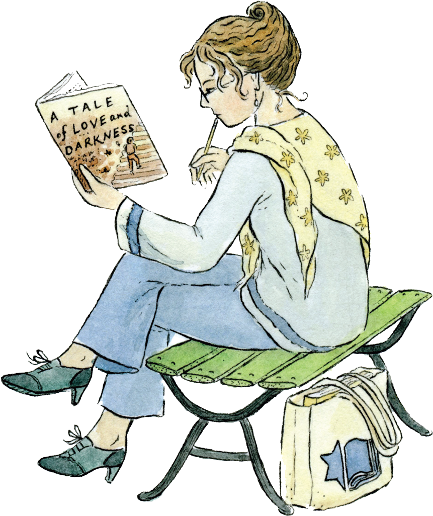 公園長椅上閱讀的女子插畫 壁紙 — 一位捲髮女士坐在綠色長椅上，一邊拿著鉛筆，一邊閱讀名為《A Tale of Love and Darkness》的書。