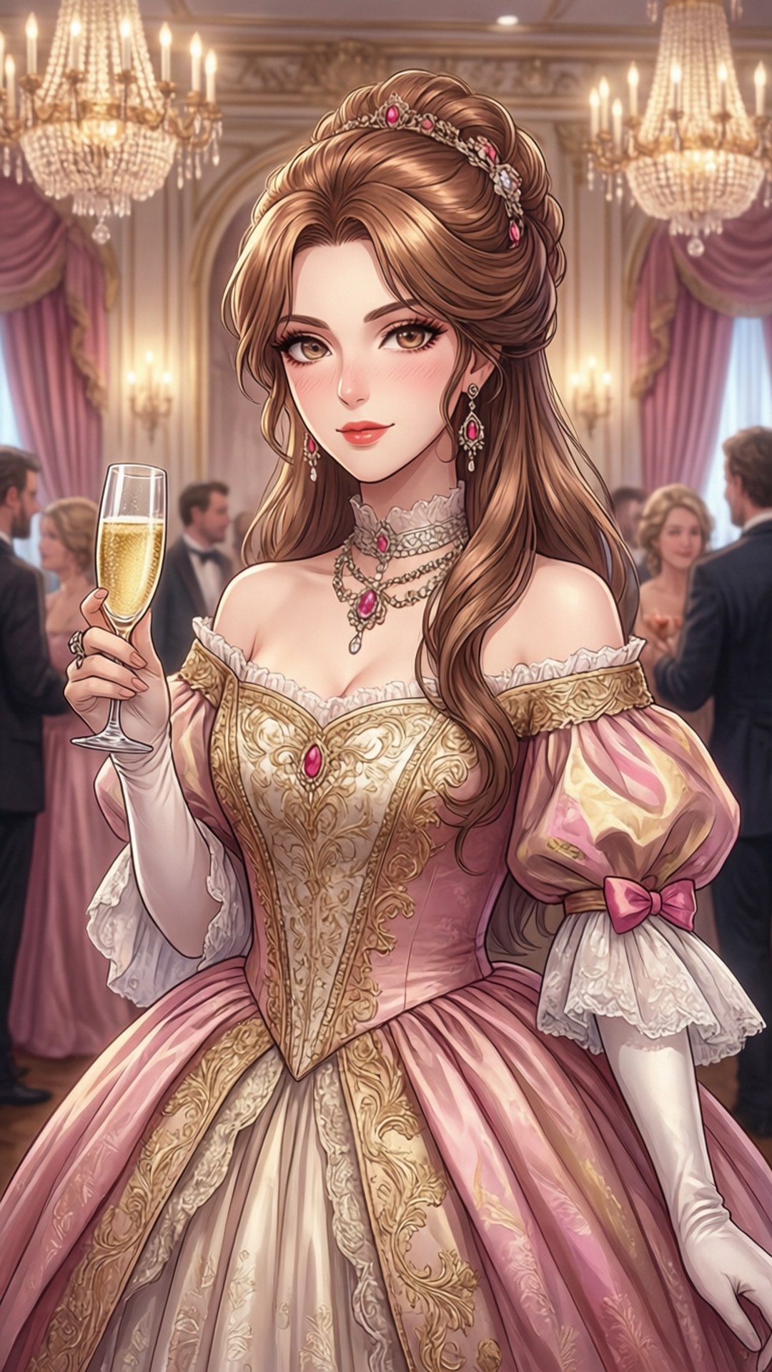 身穿華麗粉紅與金色禮服的女性，在優雅舞會中手持香檳。