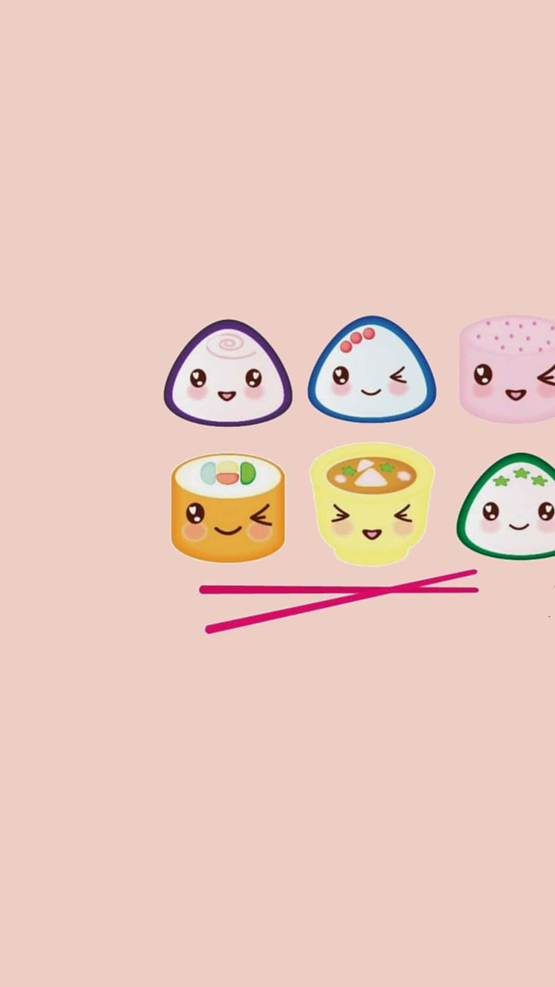 Kawaii Japanese Food 桌布 壁紙 — 六件可愛卡通壽司和一個碗，在柔和的粉紅色背景上帶有笑臉。