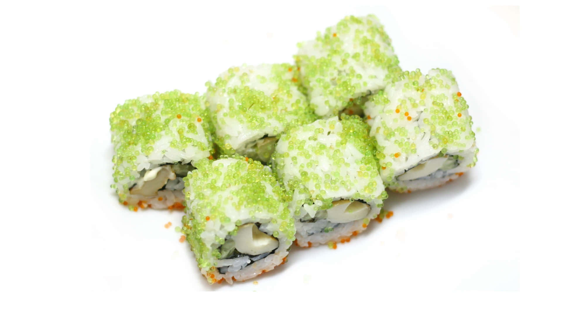 Sushi 桌布 壁紙 — 六件壽司卷裹上鮮綠色飛魚籽和橙色魚籽，整齊地擺放在純白色背景上。