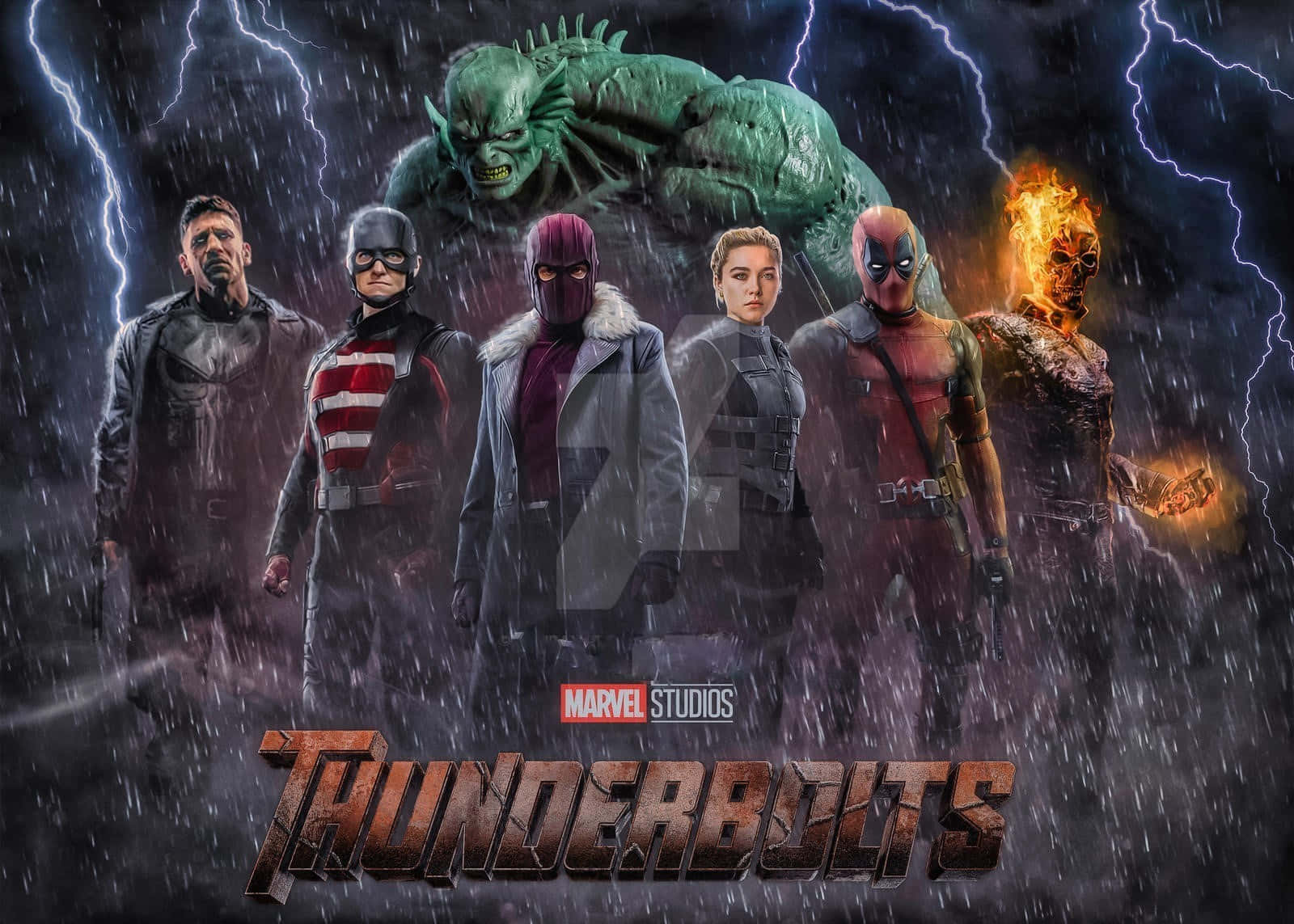 Thunderbolts 桌布 壁紙 — 六位Marvel英雄在暴風雨中堅定站立，身後一個巨大的綠色怪物在閃電下隱現。