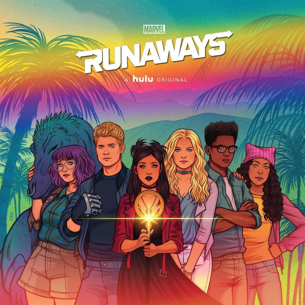 Runaways 桌布 壁紙 — 六位不同的年輕英雄自信地站在充滿活力的熱帶日落背景下，有棕櫚樹和發光的天空。