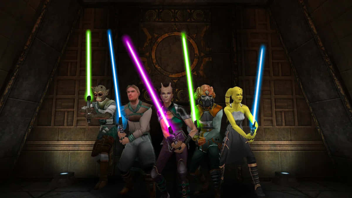 Jedi Knight 桌布 壁紙 — 六位不同的絕地武士站在寺廟中，手持發光的彩色光劍。