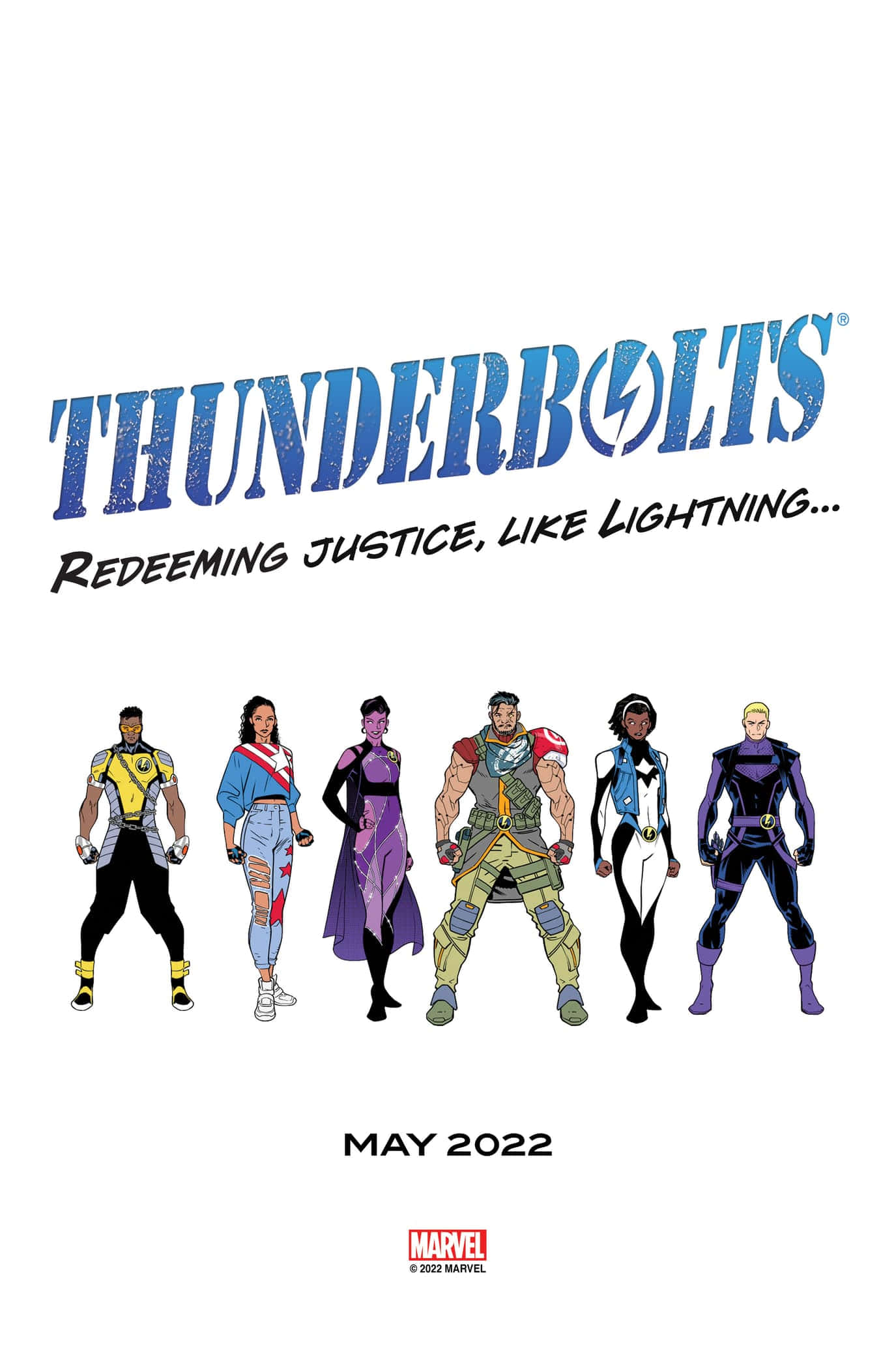 Thunderbolts 桌布 壁紙 — 六位不同的雷霆特攻隊超級英雄排成一排，背景為白色，帶有粗體藍色標題文字。