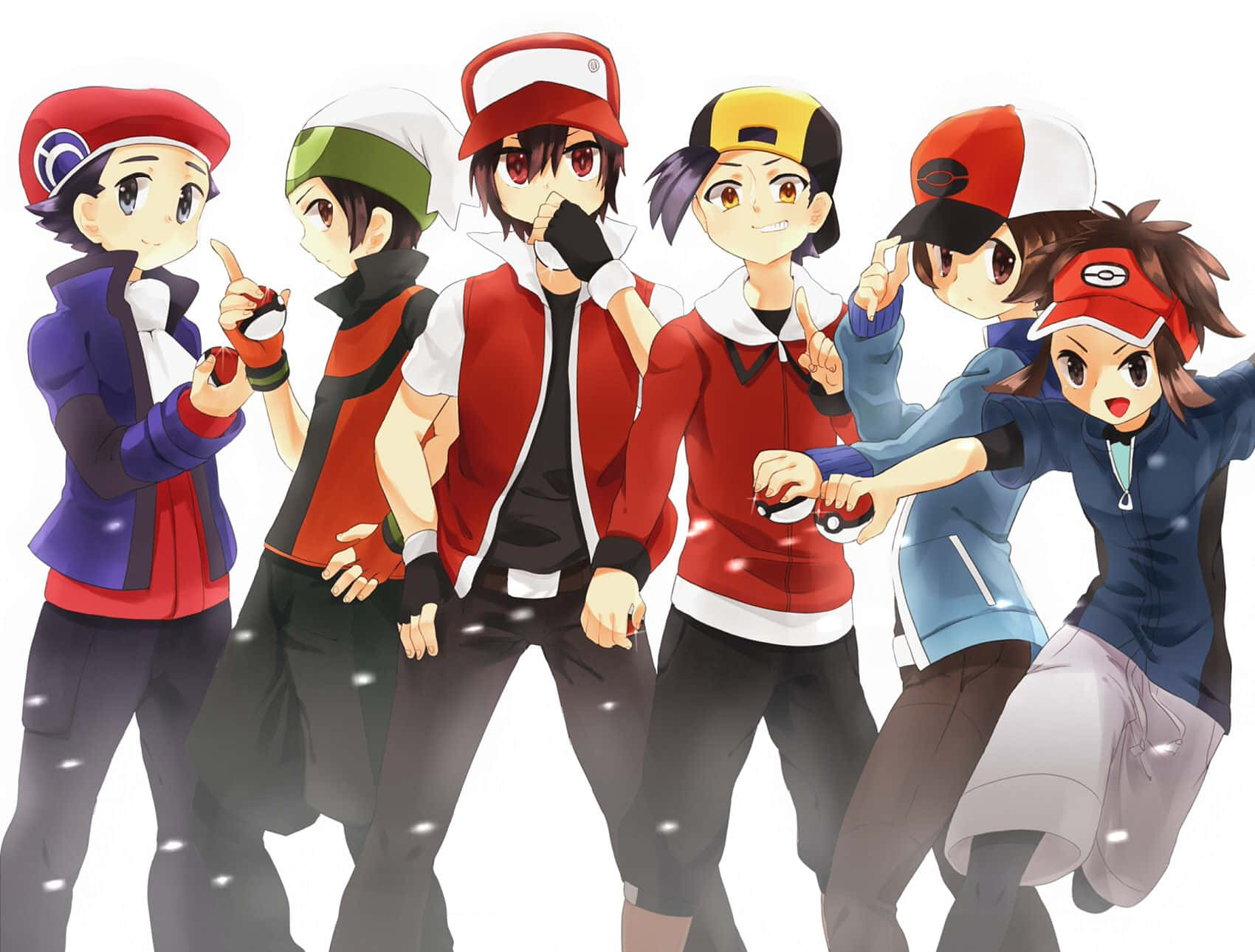 Pokemon Characters 桌布 壁紙 — 六位動漫風格嘅寶可夢訓練家，身穿紅色同藍色衫，喺雪白背景前充滿活力咁擺甫士。