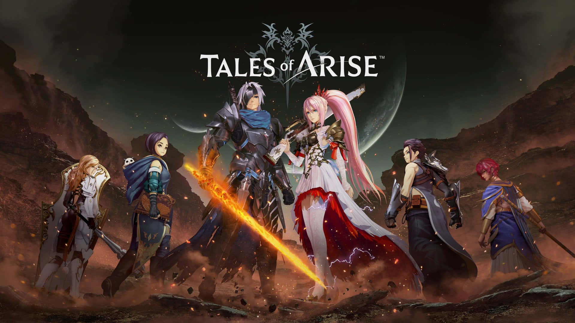 Tales Of Arise 桌布 壁紙 — 六位奇幻戰士在黃昏時分站在崎嶇的峽谷中，在新月下揮舞著發光的武器。