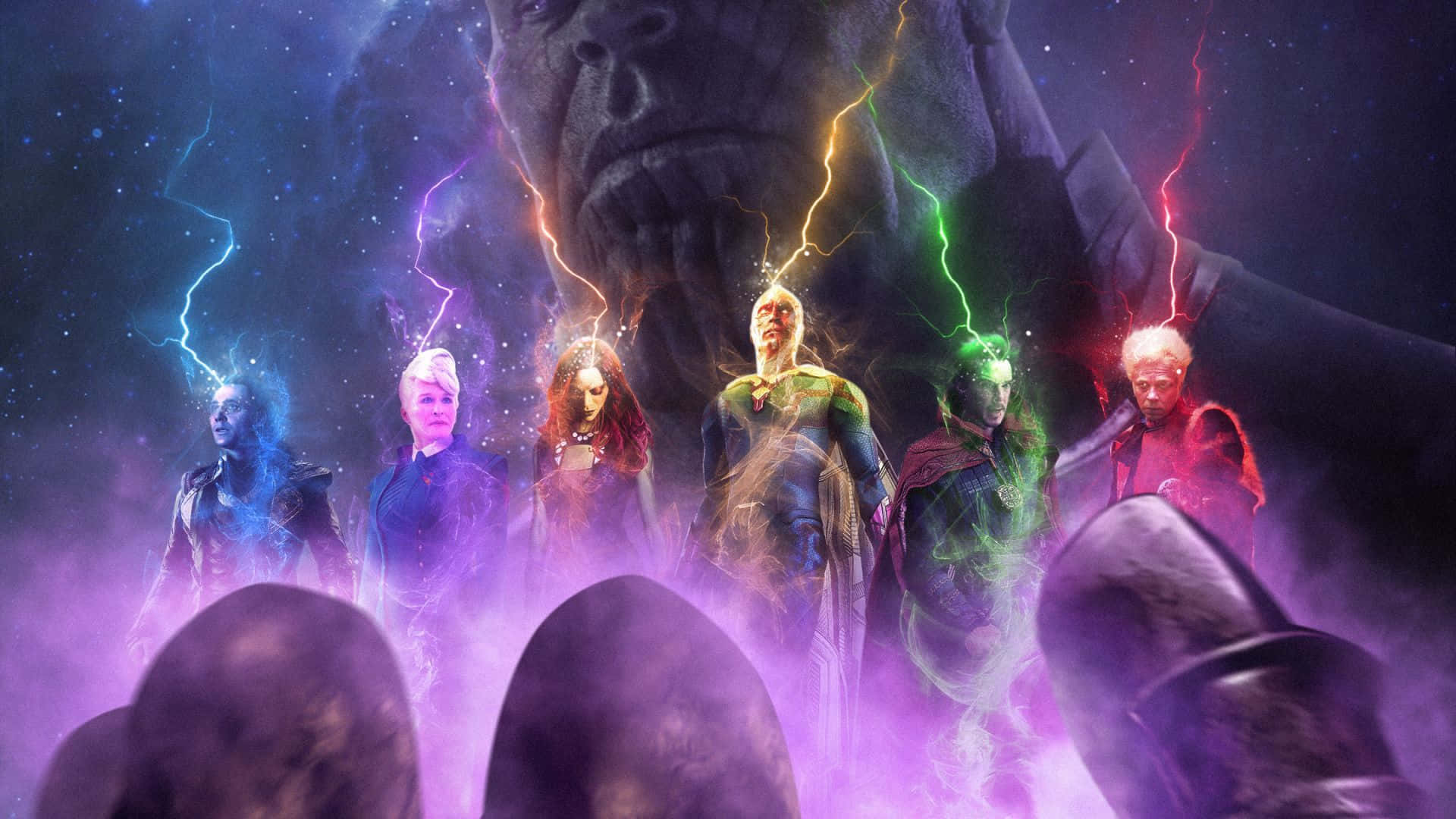 Thanos 桌布 壁紙 — 六位宇宙英雄站在一個巨大的宇宙實體面前，閃電在他們周圍的星空中噼啪作響。