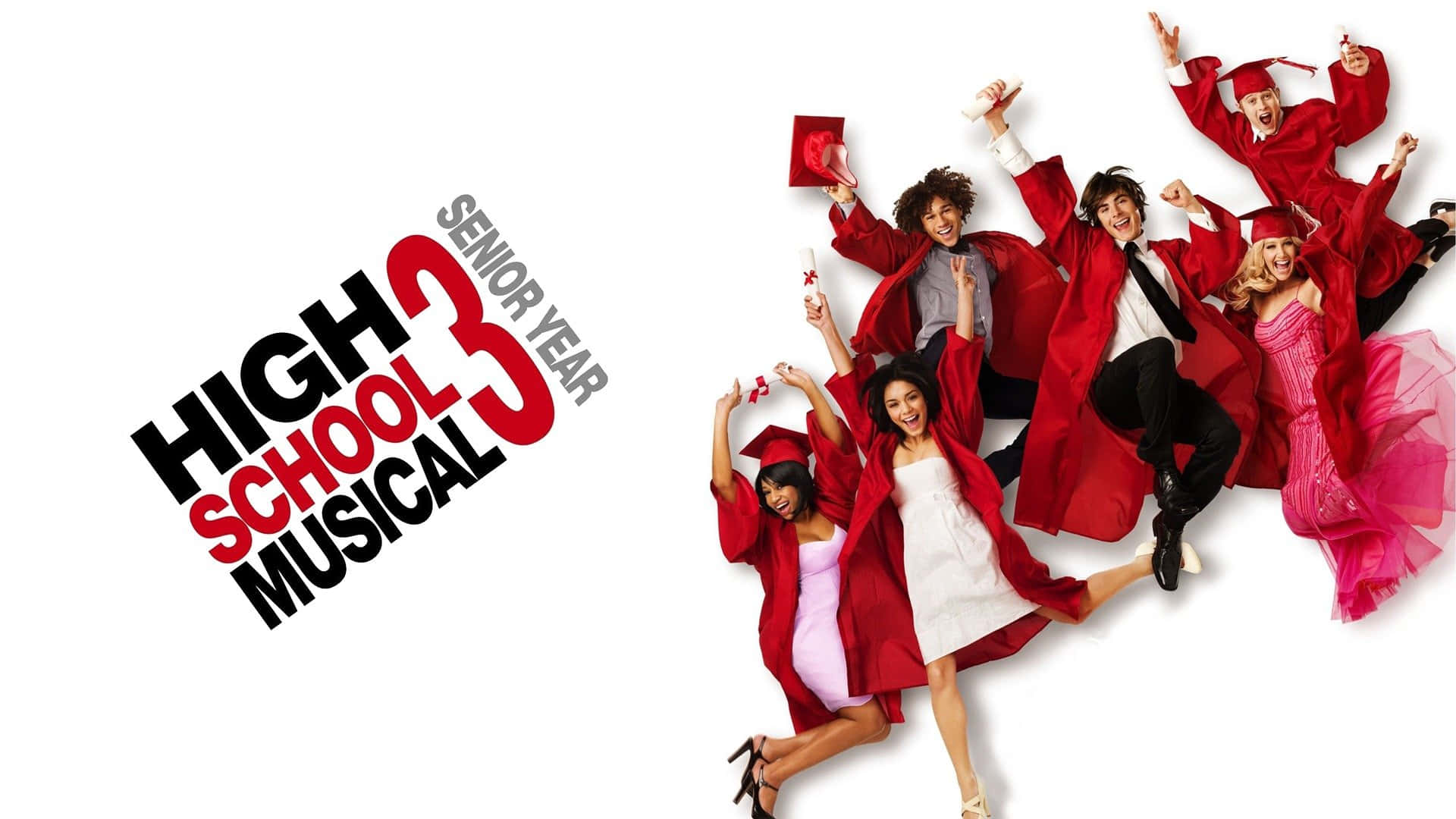 High School Musical 桌布 壁紙 — 六位快樂的高中畢業生穿著紅色畢業袍，在純白背景前跳躍慶祝。