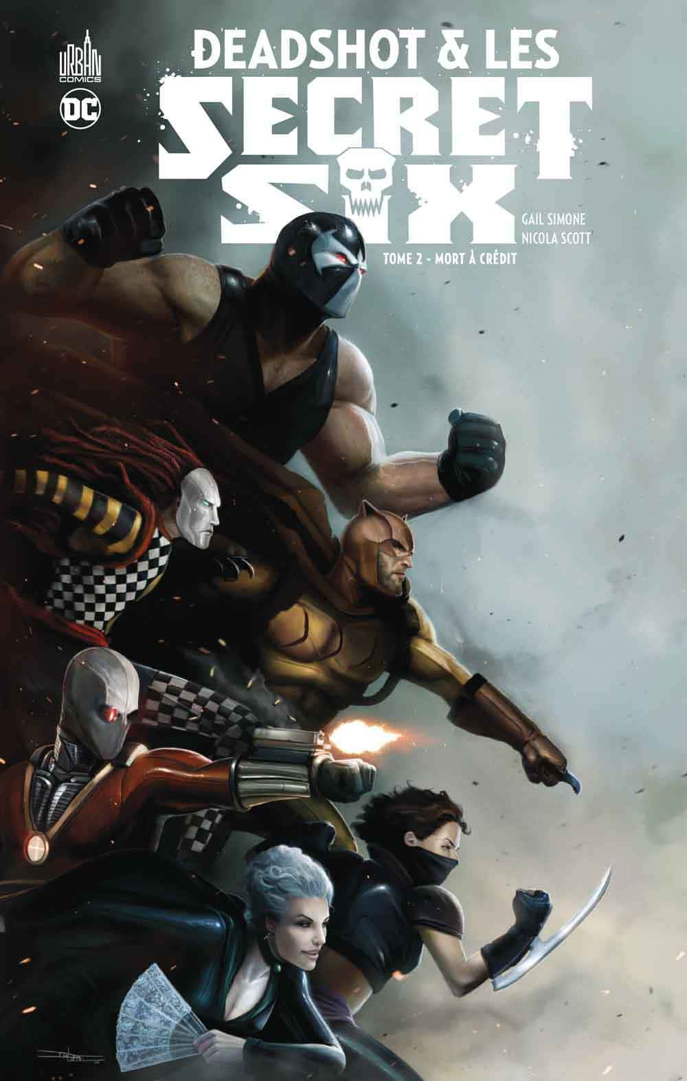 Secret Six 桌布 壁紙 — 六位戴面具的超級英雄以動態戰鬥姿勢，手持武器並帶有火焰效果，背景為煙霧灰色。