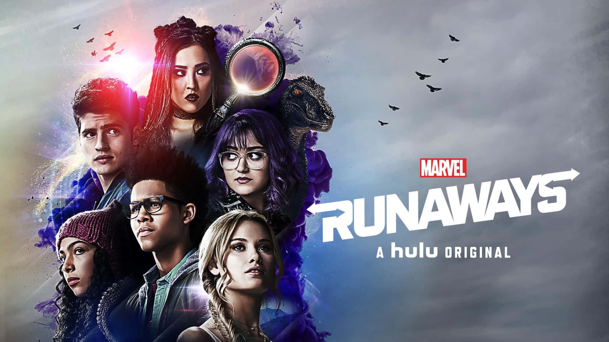 Runaways 桌布 壁紙 — 六位擁有發光能力和強烈表情的年輕英雄，在暴風雨的天空下，頭頂有鳥兒飛翔。