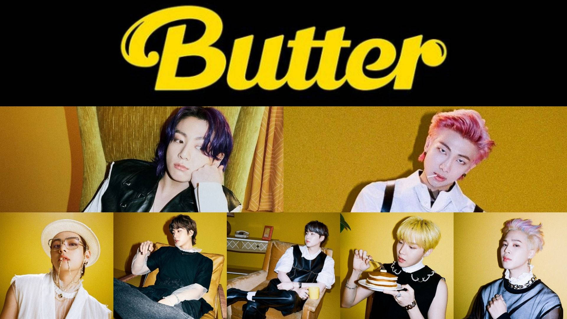 Butter 桌布 壁紙 — 六位擁有繽紛髮色的男士在溫暖的黃色背景前，於醒目的黃色Butter標誌下時尚地擺姿勢。