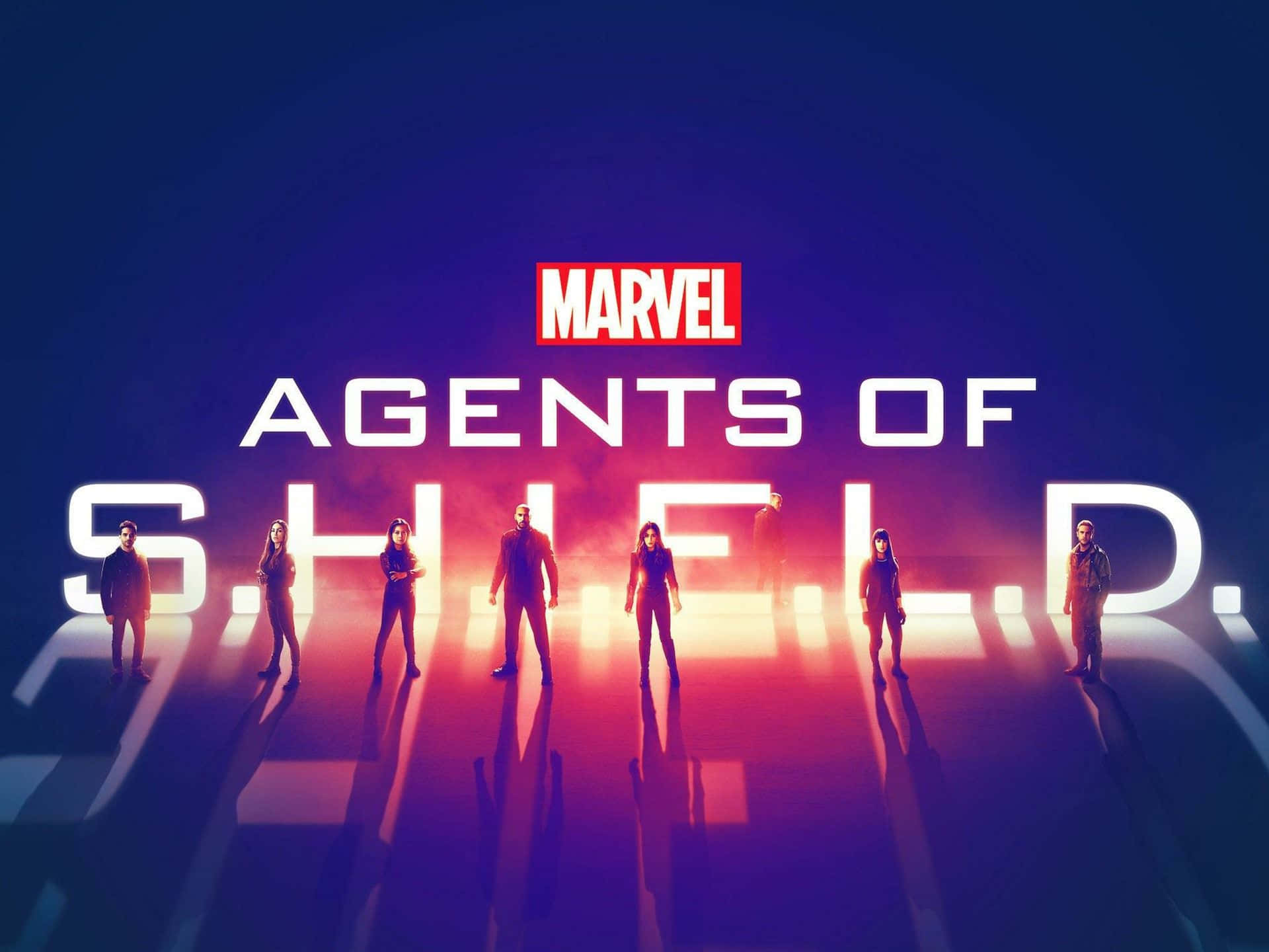 shield 桌布 壁紙 — 六位特工站在Marvel Agents of S.H.I.E.L.D.標題下，一條帶有戲劇性紫色和紅色燈光的發光隧道中。