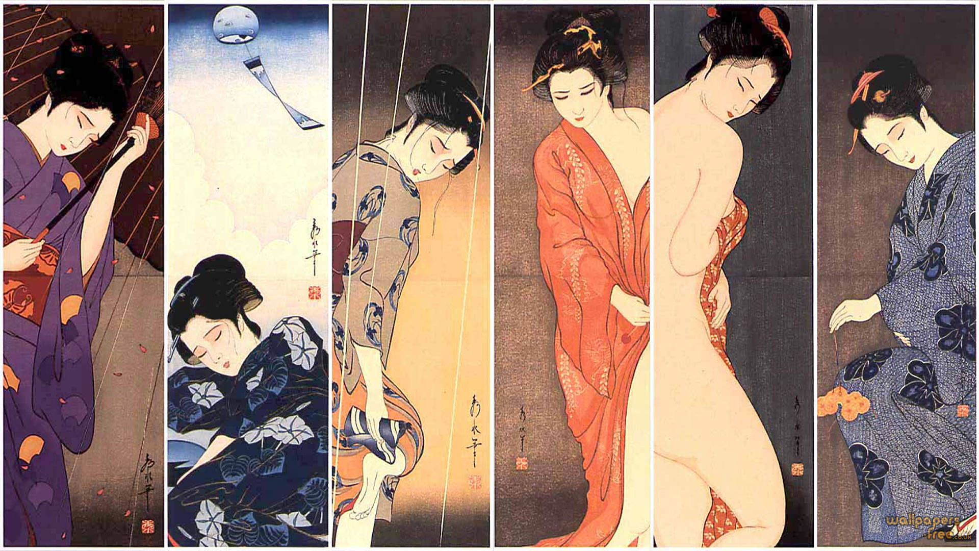 六幅日本木版畫，描繪穿著和服的女性以寧靜姿勢擺拍。