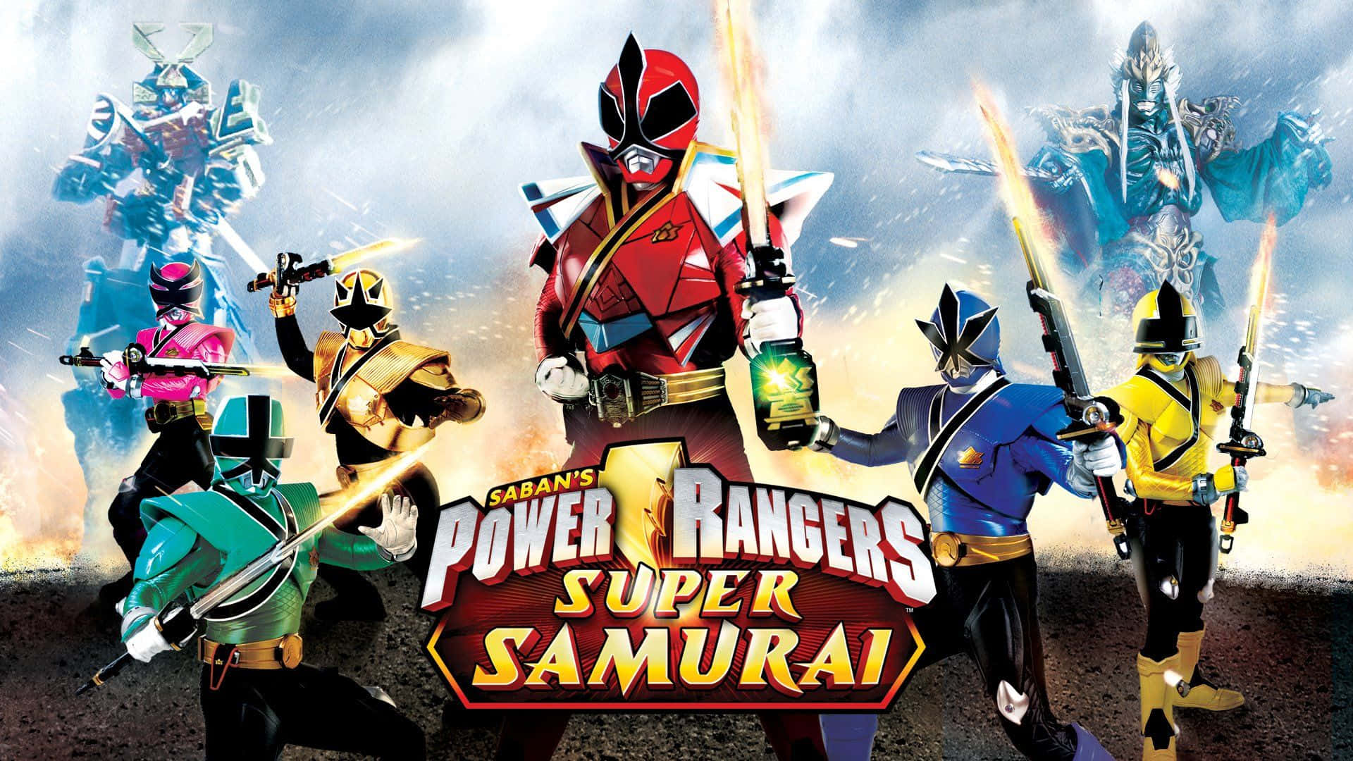 Power Rangers 桌布 壁紙 — 六位身穿彩色盔甲的Power Rangers手持發光劍，在暴風雨的天空下準備就緒，身後有巨大的怪物潛伏。
