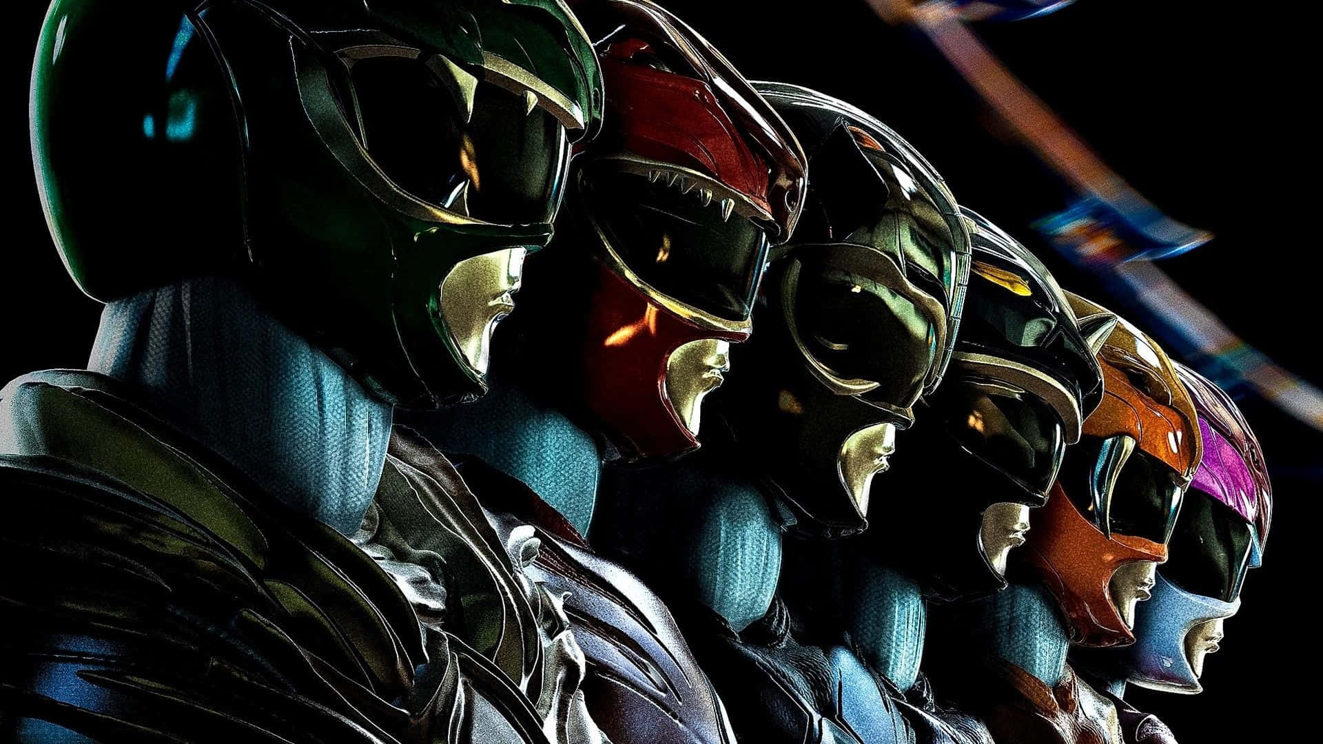 Power Rangers 桌布 壁紙 — 六位身穿彩色頭盔的Power Rangers在黑暗背景中排成一排，帶有發光點綴。