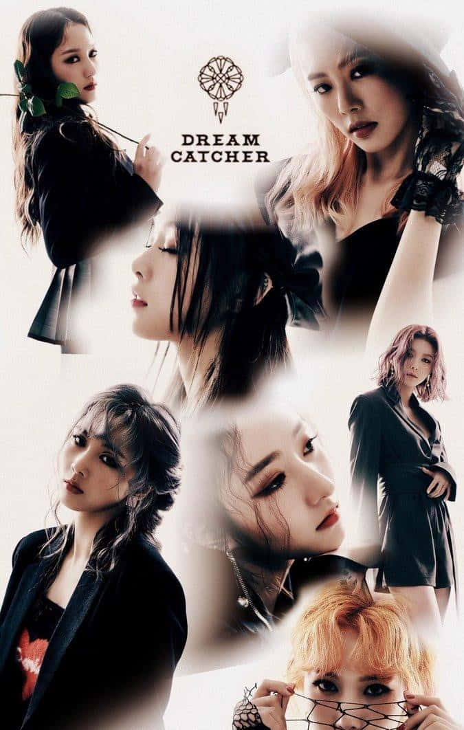 The Idol 桌布 壁紙 — 六位身穿深色服裝的K-pop女偶像在戲劇性燈光和柔和白色背景下的拼貼畫。