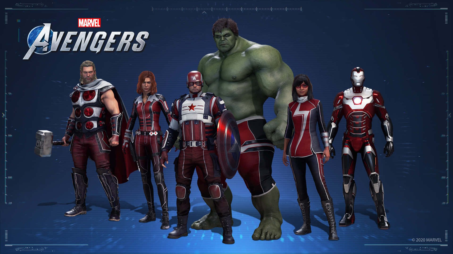 Secret Wars 桌布 壁紙 — 六位身穿紅色和銀色戰衣的Marvel Avengers英雄自信地站在數碼藍色網格背景前。