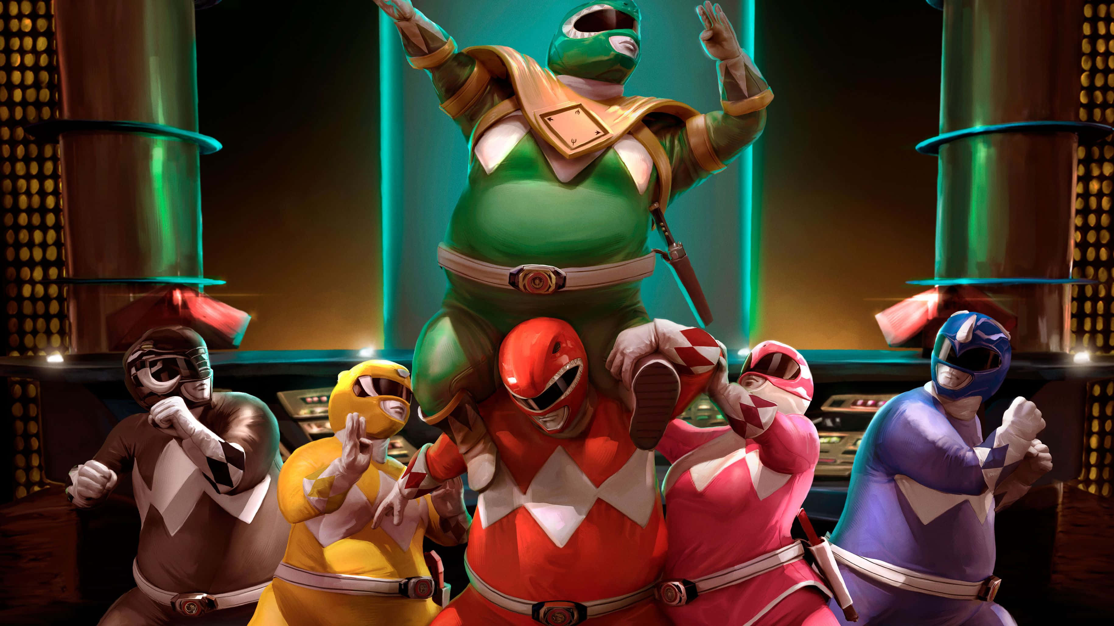Power Rangers 桌布 壁紙 — 六位身穿色彩繽紛戰衣的Power Rangers在發光的指揮中心內擺出英雄姿勢。