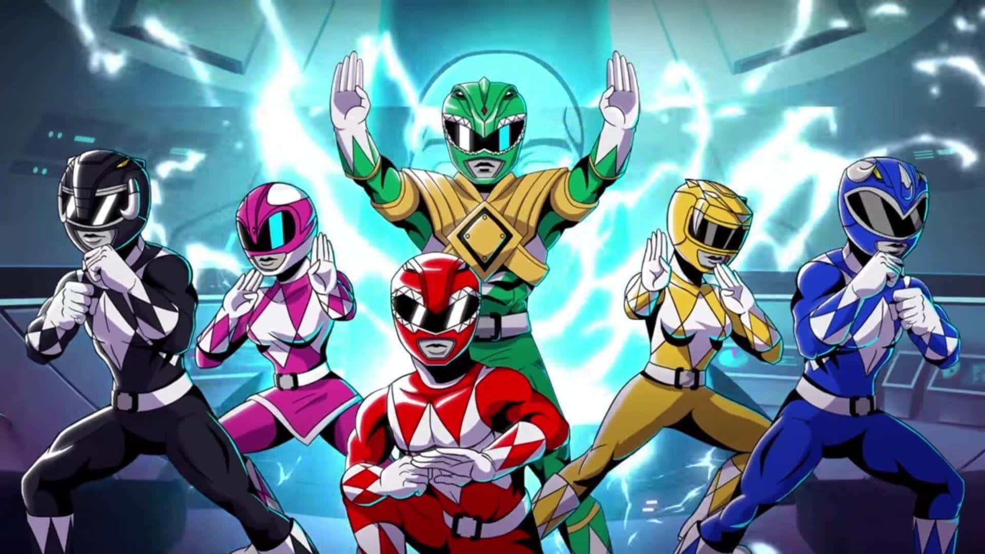 Power Rangers 桌布 壁紙 — 六位身穿色彩繽紛戰衣的Power Rangers在發光的藍色能量背景下擺出英雄姿勢。