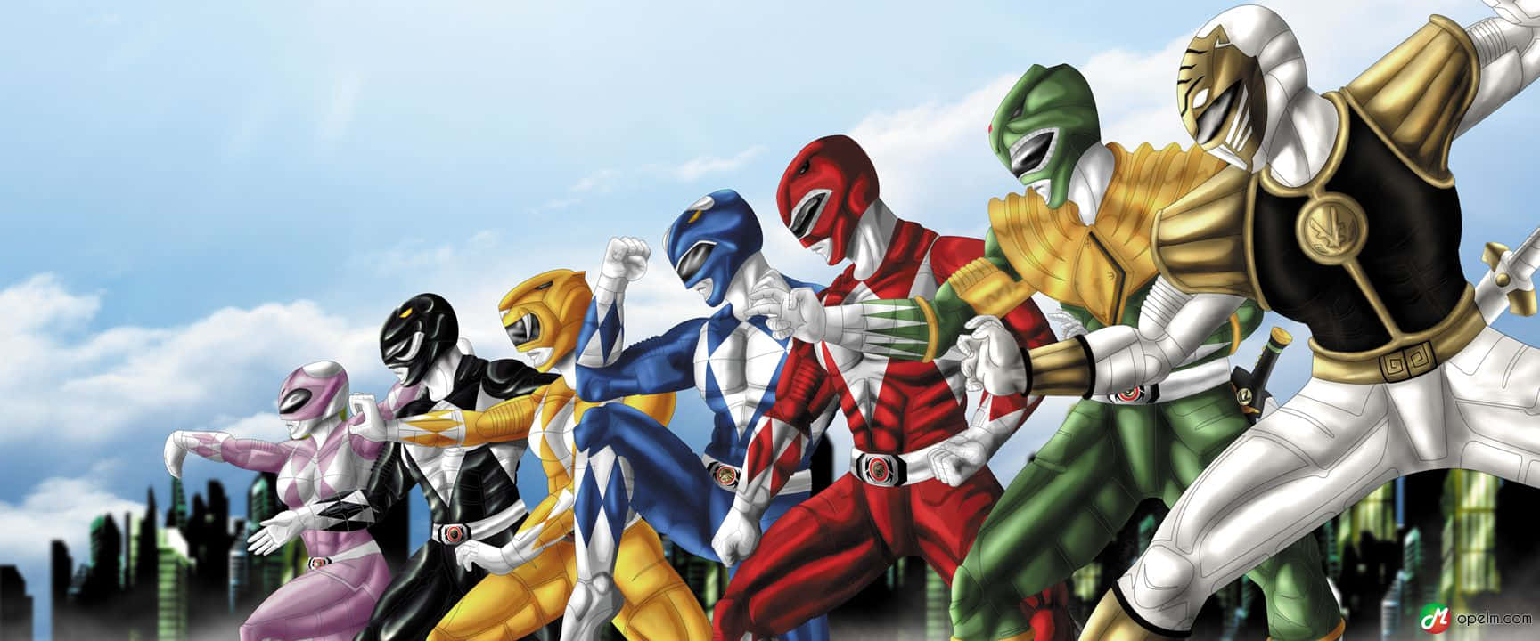Power Rangers 桌布 壁紙 — 六位身穿色彩繽紛服裝的電力別動隊在明亮的藍天下，以城市天際線為背景擺出英雄姿勢。