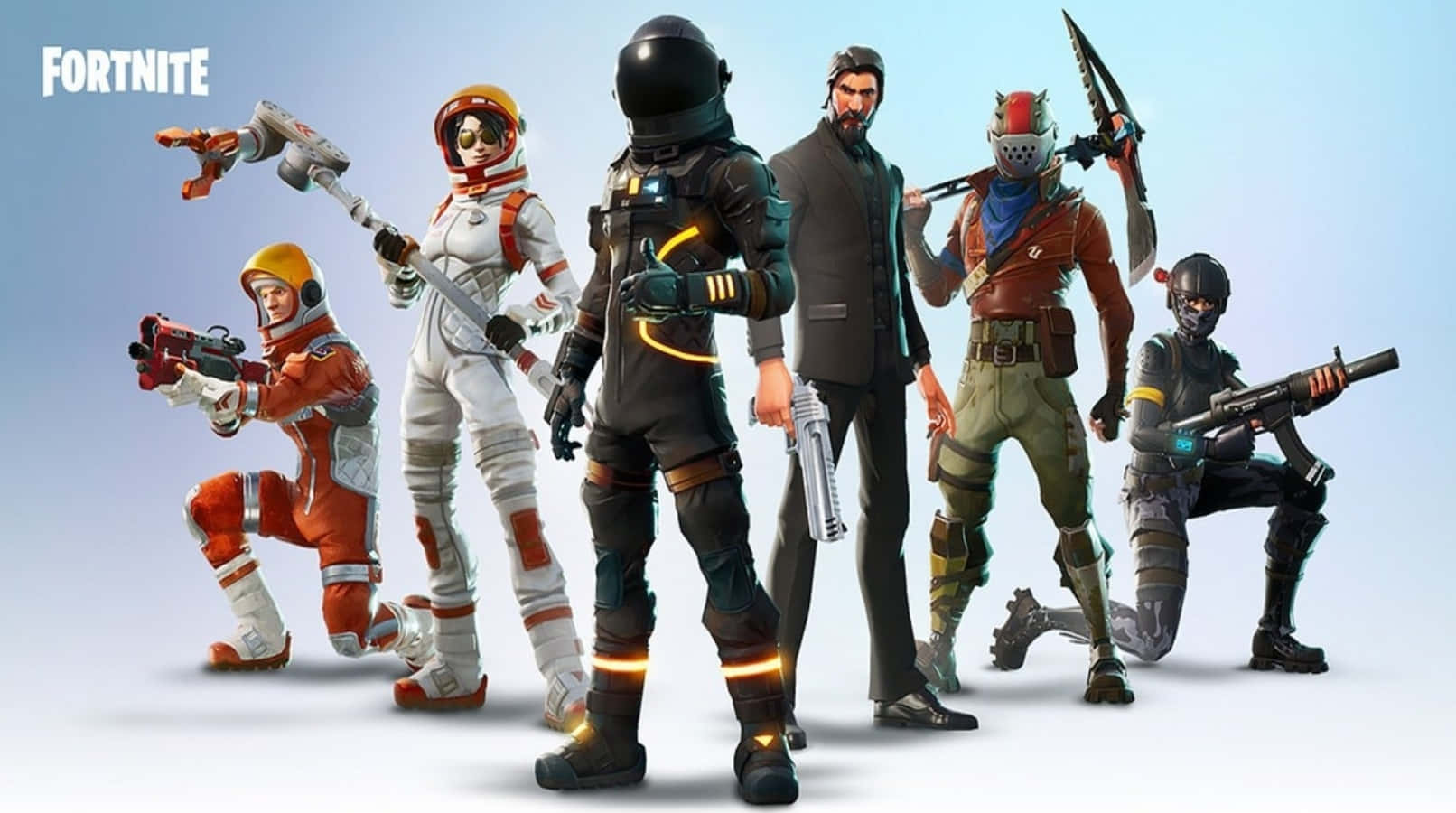 Fortnite Skins Battle Royale 桌布 壁紙 — 六個《Fortnite》角色穿著各種未來風格的裝備，在純淺藍色背景前動感擺姿勢。
