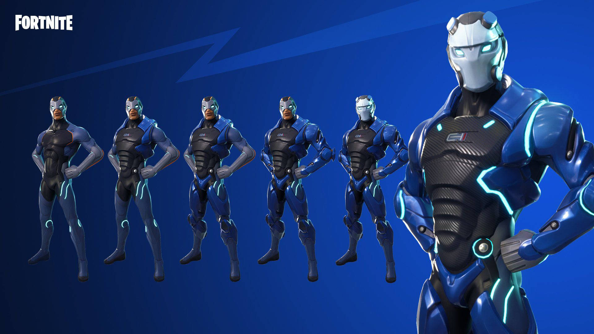 Fortnite 造型 桌布 壁紙 — 六個《Fortnite》角色身穿藍黑裝甲服，帶有發光的青色點綴，自信地站在深藍色背景前。