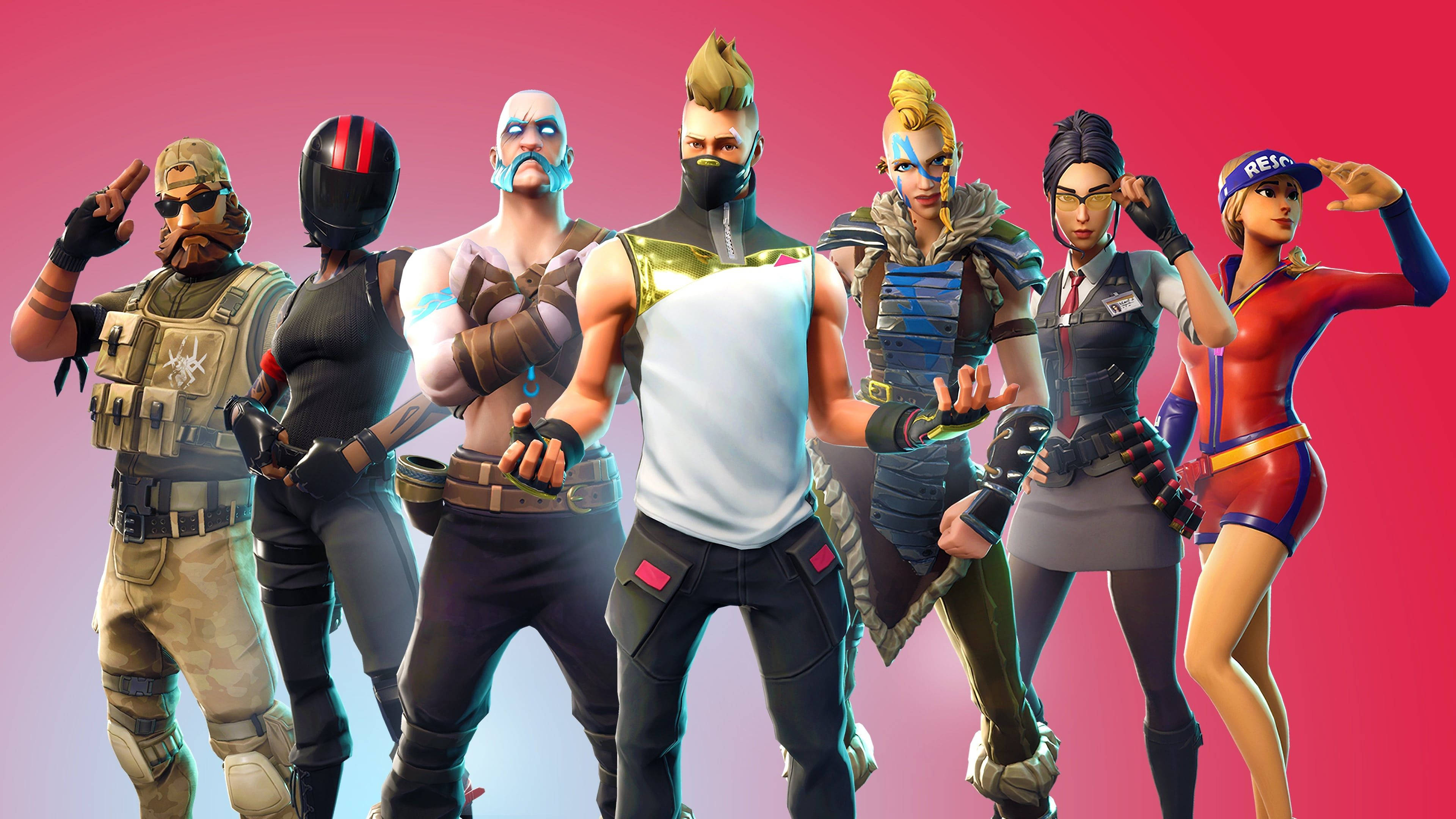 Fortnite 造型 桌布 壁紙 — 六個Fortnite角色穿著色彩繽紛的服裝，在粉紅和藍色漸變背景前自信地擺姿勢。