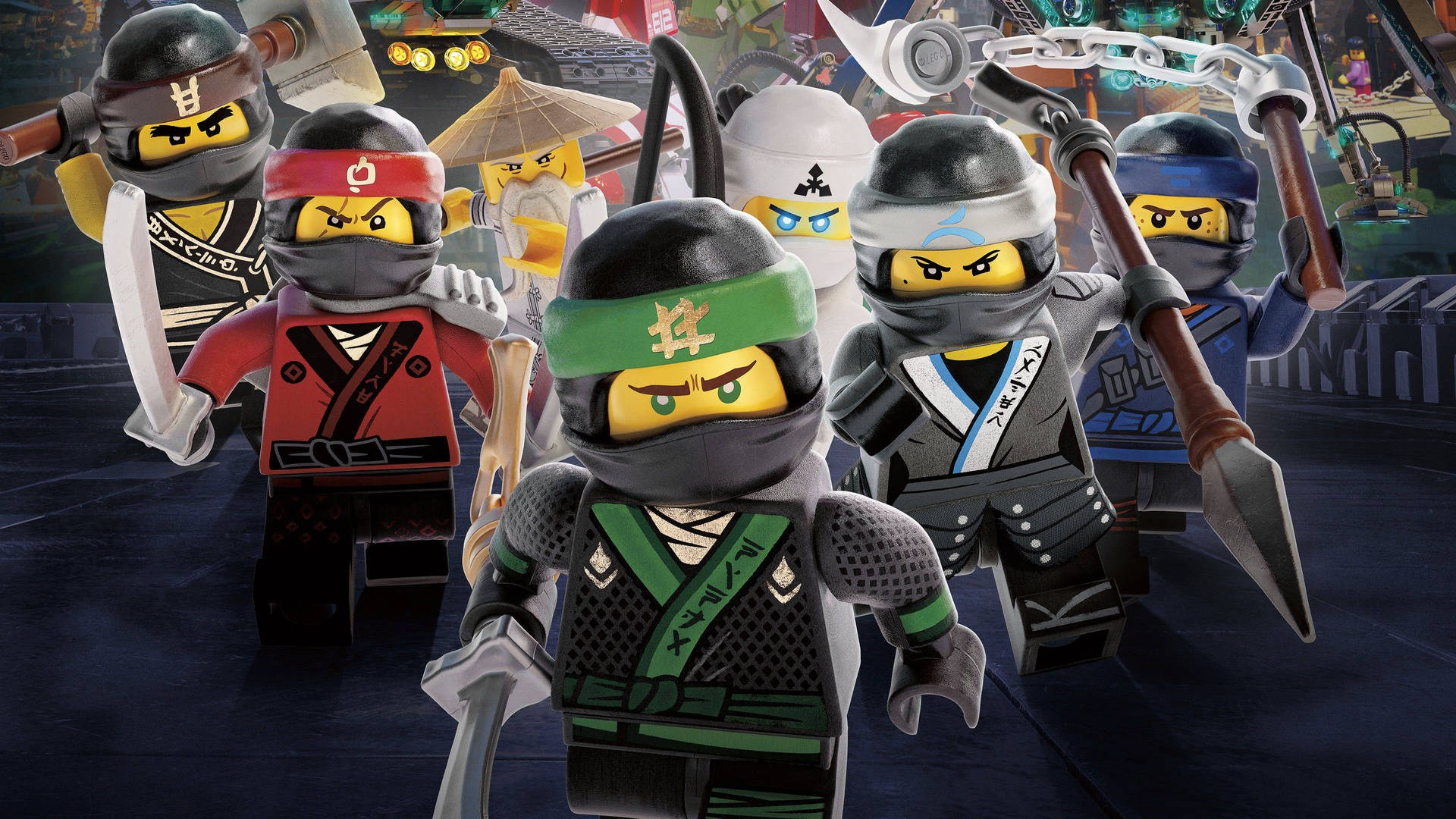 LEGO Ninjago忍者身穿戰鬥裝備在黑暗競技場中手持武器。 — 樂高 GIF 壁紙