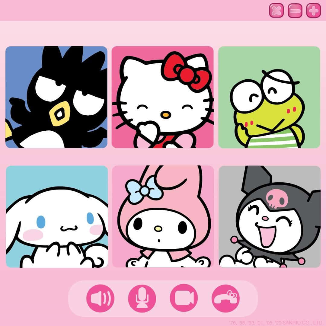 Hello Kitty And Friends 桌布 壁紙 — 六個Sanrio角色在粉紅色背景上的彩色方格中，帶有應用程式介面圖示。