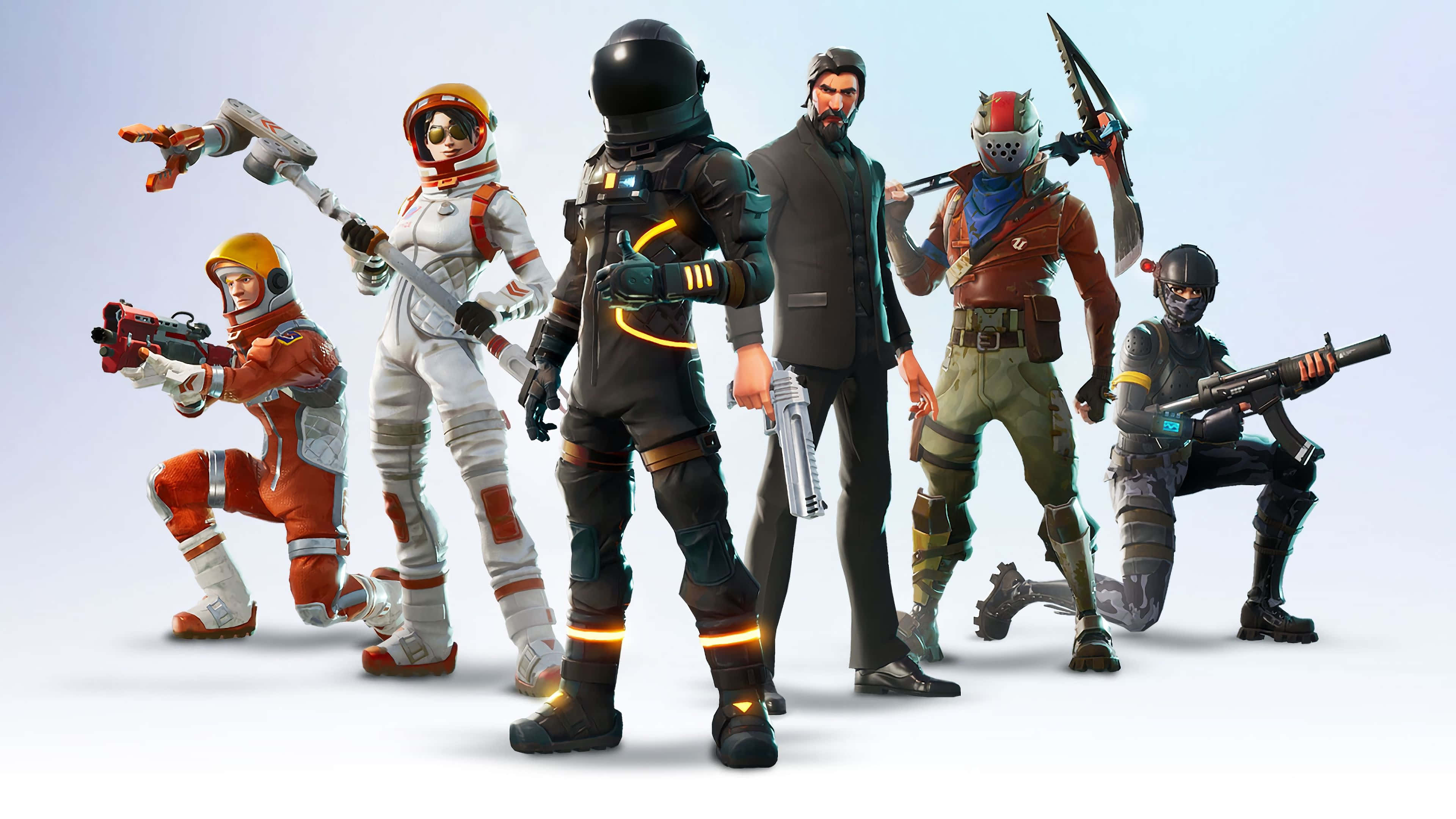 Fye No Skin Fortnite 桌布 壁紙 — 六個不同的Fortnite角色穿著戰鬥裝備，在純色淺色背景前動態擺姿勢。