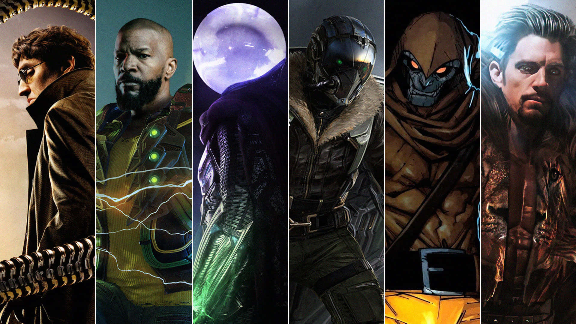 Sinister Six 桌布 壁紙 — 六個不同的男性角色以戲劇性的姿勢，穿著多種科幻和奇幻服裝，背景風格化。